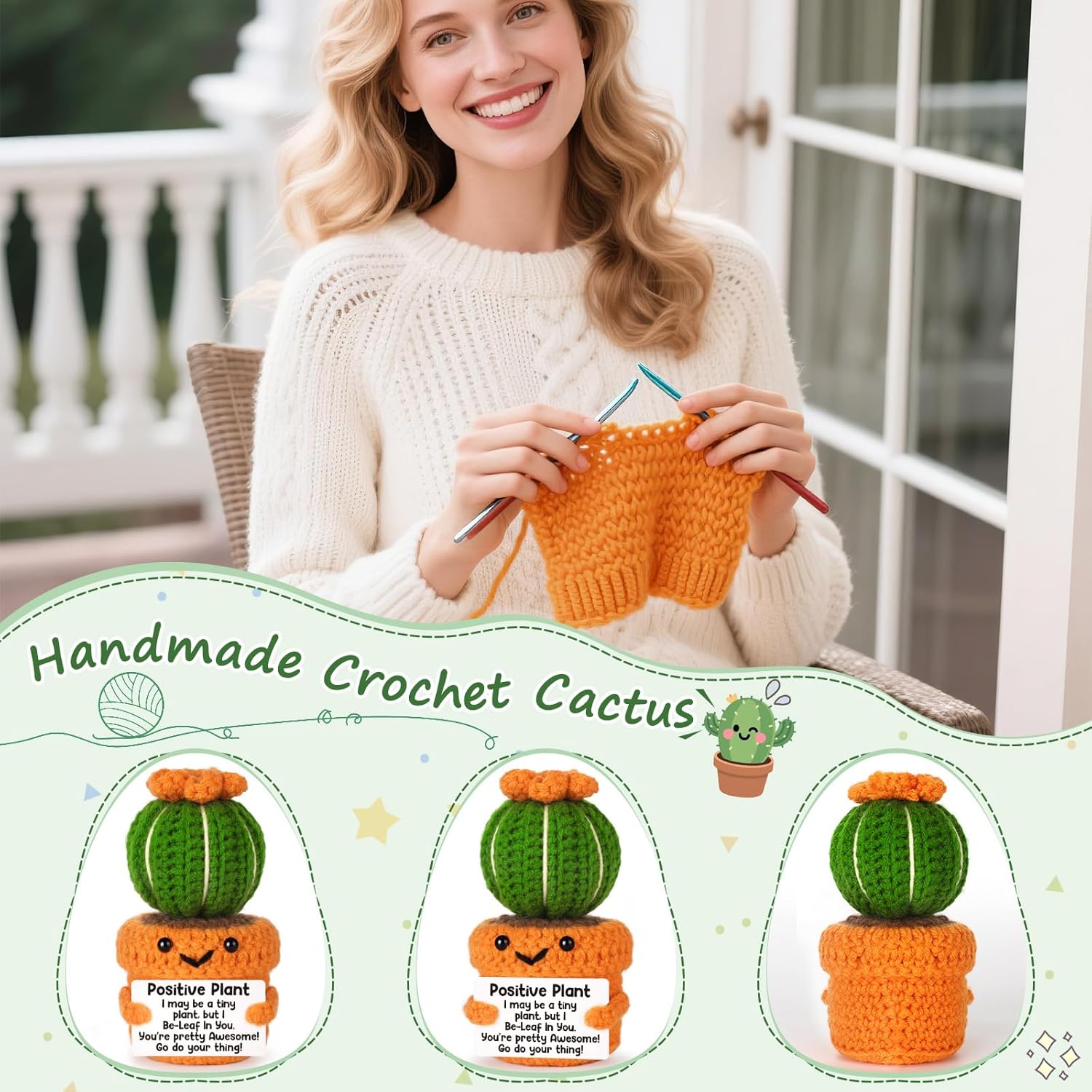 Mini Positive Crochet Easter Cactus Gifts, Unique Emotional Inspirational Support Gift for Friends, Coworker, Family, Sister, Couples, Easter Basket Stuffers, Encouraging Cheer Up Gifts for Women Men - Image 4