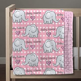 Personalized Baby Cute Elephant Blankets for Boys and Girls with Name,Soft Plush and Cozy Minky Dot, Customized Baby Newborn Gifts,30