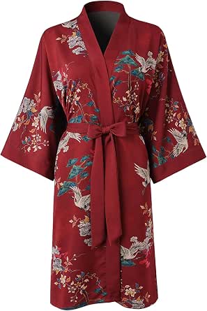 Ledamon Women's Kimono Short Robe Pocket Bathrobe for Women (Wine Red ...