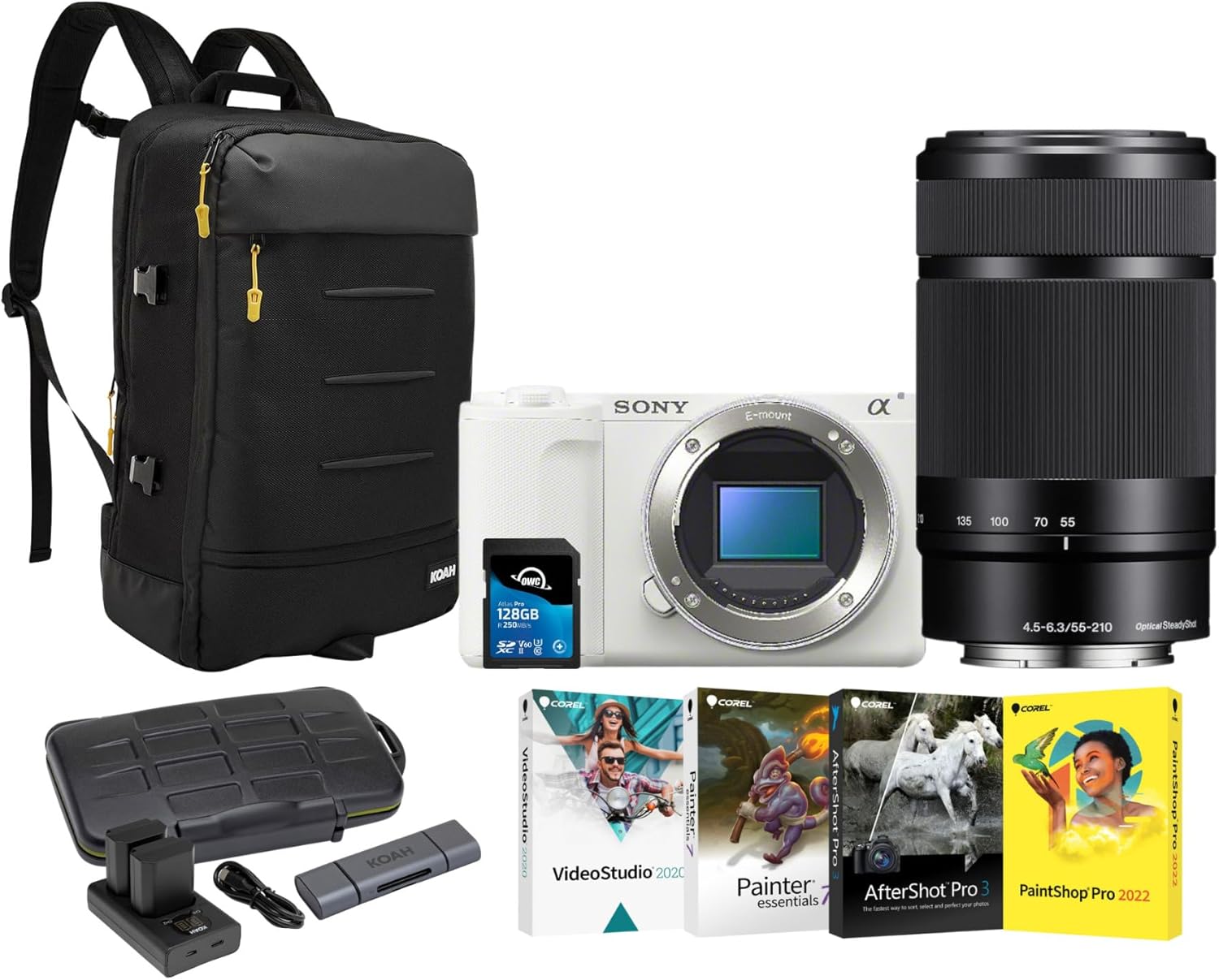 Sony ZV-E10 II Mirrorless Camera (White) Bundle with 55-210mm f/4.5-6.3 OSS, Camera Backpack, Batteries, Memory Card, Software Suite and Card Reader (7 Items)