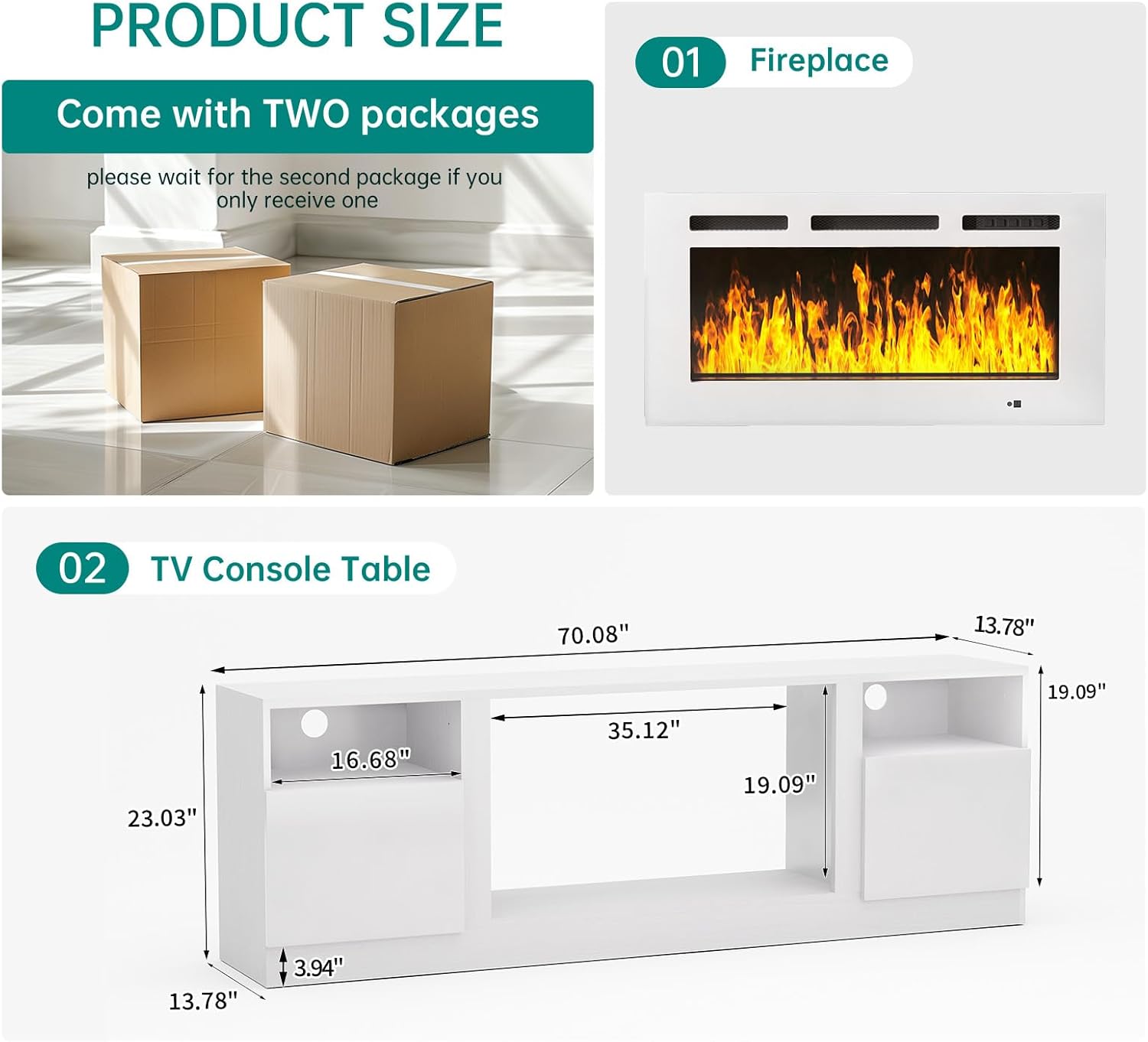 Diagram showing the dimensions of the MXV Fireplace TV Stand and the separate fireplace unit