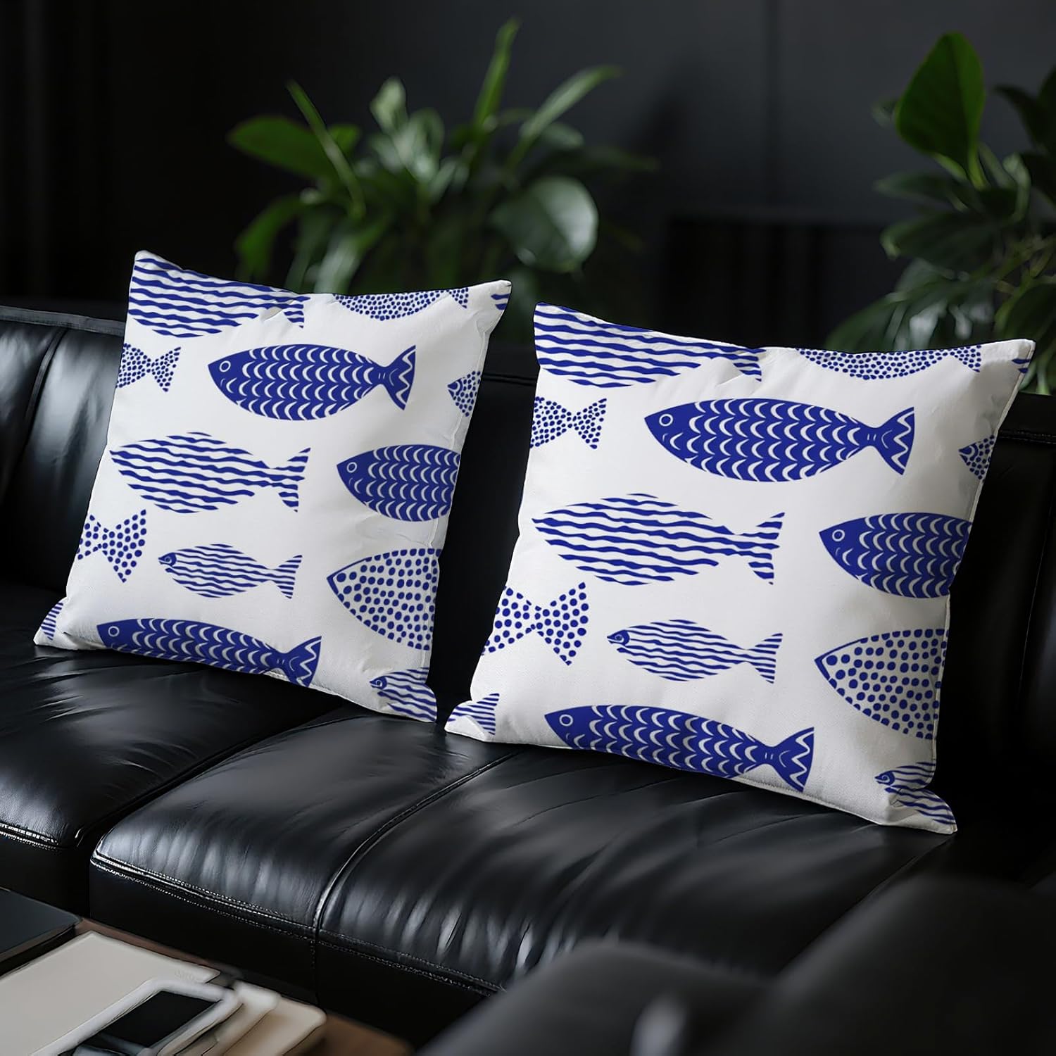 Blue Stripe Fish Pillow Covers Set of 2, Coastal Decorative Throw Cushion Covers, Nautical Ocean Theme Sea Life Double-Sided Print Accent for Sofa Couch Bed Beach House Decor - Image 6