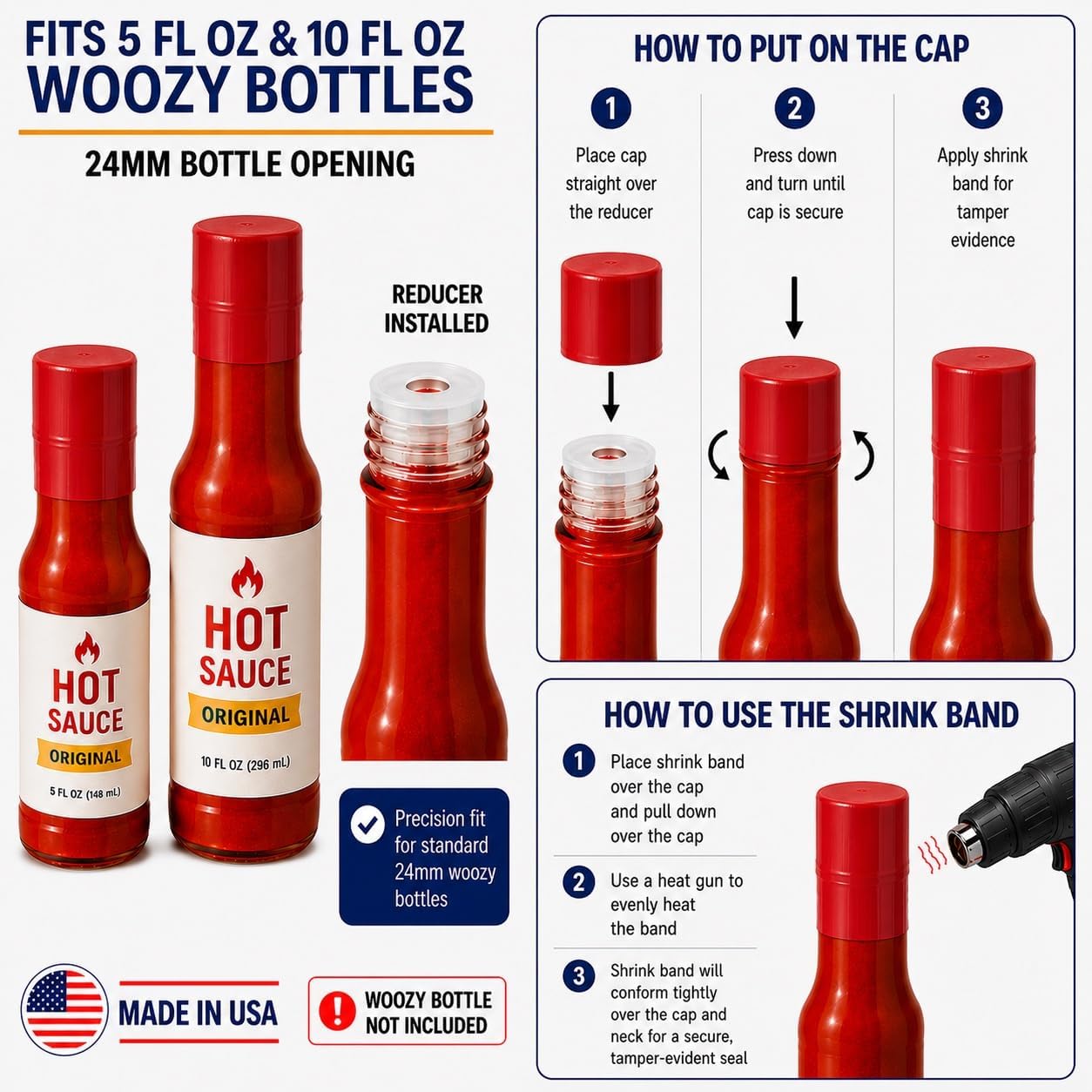 Red Screw Caps 24-414, Foam Lined Plastic Bottle Caps Orifice Reducers Fitment & Red Shrink Bands for 5 oz & 10 oz Woozy Bottles, Leak Proof, Made in USA (36)