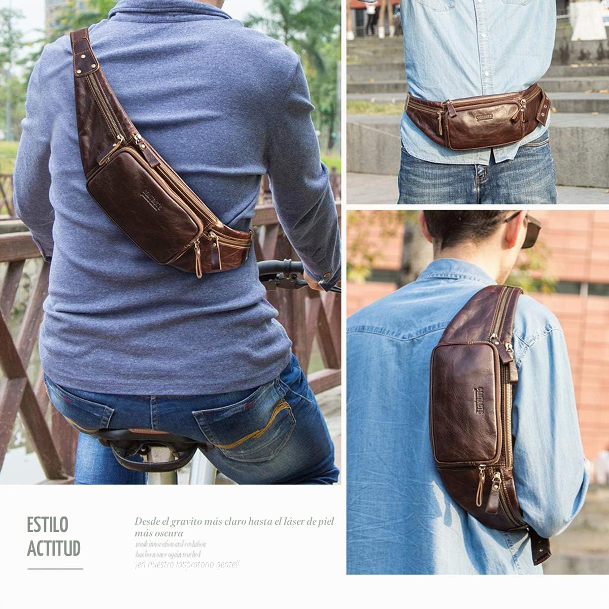 Riñonera Hombres Hombres Cuero Genuino Bolso Riñonera Multifuncional Riñonera con Cremallera Adecuado