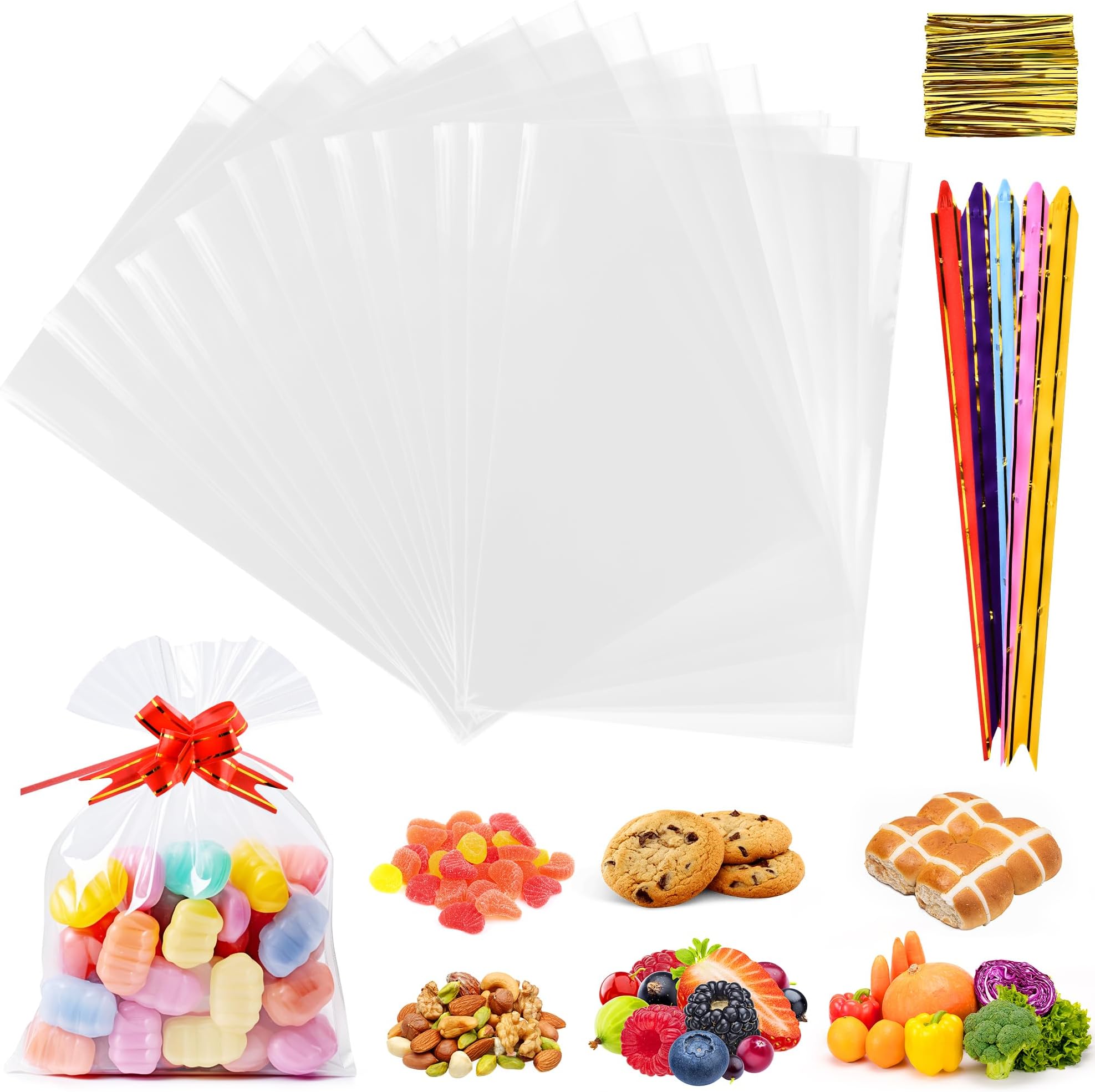 DazSpirit 100PCS of Clear Cellophane Treat Bags Resealable with Ribbons - 18x25cm Flat Plastic Party Treat Bag for Gifts, Sweets, Chocolates, Cookies