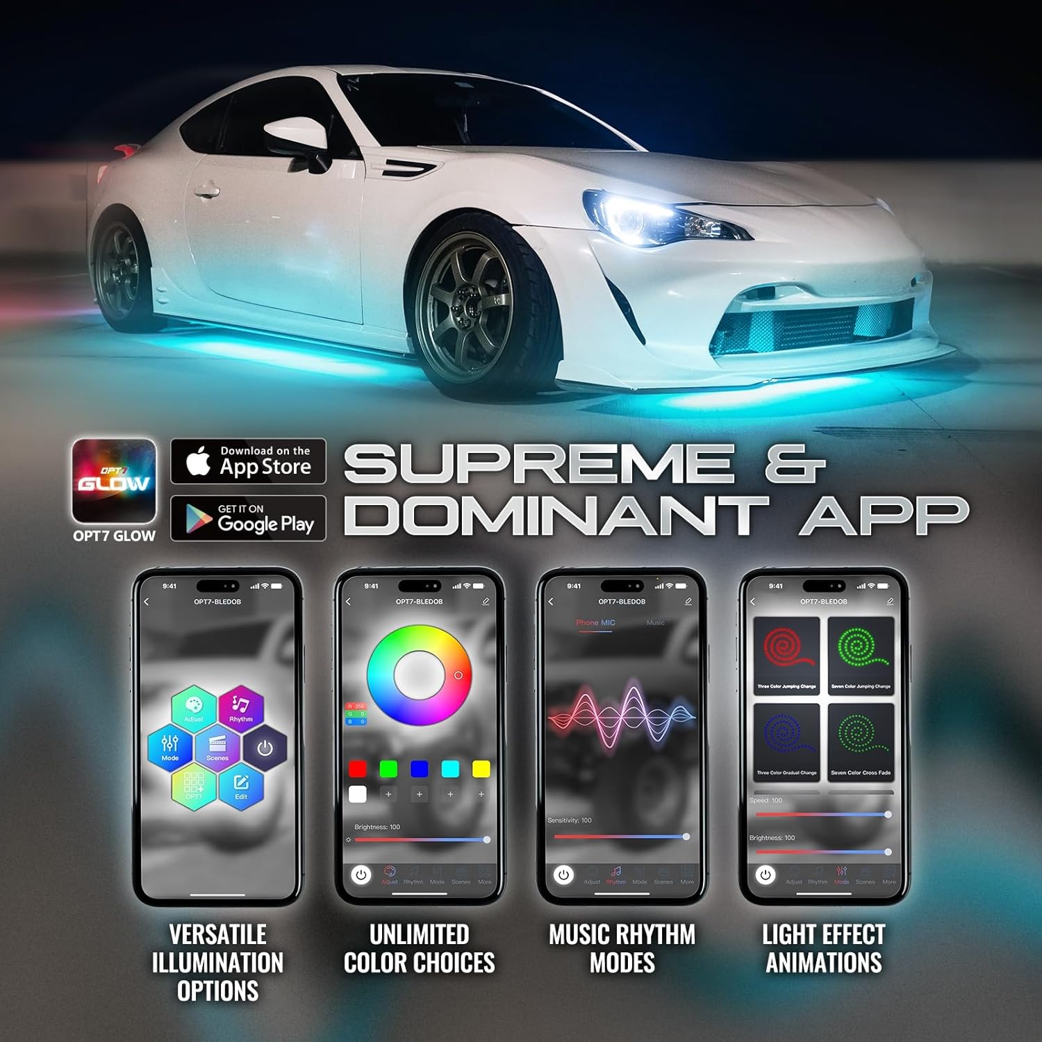 OPT7 10ft Extension Wire & Flexible Underglow Bundle Kit for Truck, with App & Remote Control, Waterproof Flexible LED Light Strips, Exterior Neon Underbody Lights