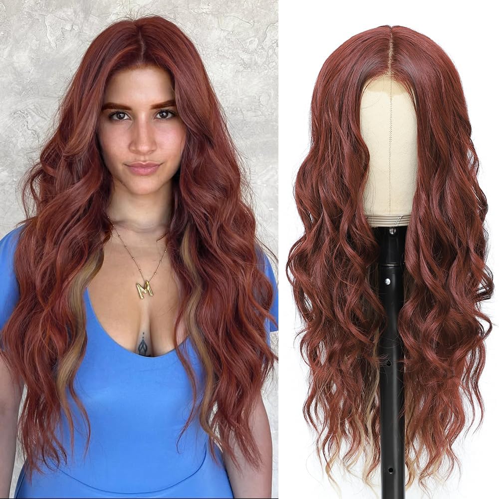 Ubeleco Auburn Red Long Wavy Wigs for Women 26 Inch Middle Part Nature Hairline Curly Wavy Wig Synthetic Heat Resistant Fiber for Daily Party Use