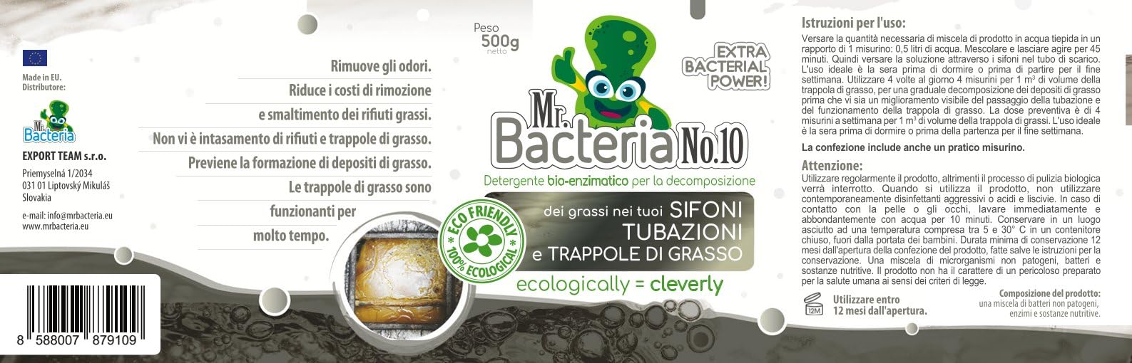 Mr. Bacteria No.10 DISGORGANTE SGRASSATORE bio-Enzimatico per TUBATURE e SIFONI, OLII e GRASSI, Rimuove Grasso, Olio e Unto da Fosse Settiche e Scoli, Pulizia Scarichi Domestici 500g - 6 pezzi