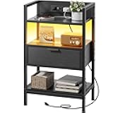 HLDIRECT Night Stand with Charging Station, LED Nightstand with Storage Shelf & Wooden Drawer, 3-Tier Bedside Table for Bedroom, End Table Living Room, Small Space, Black