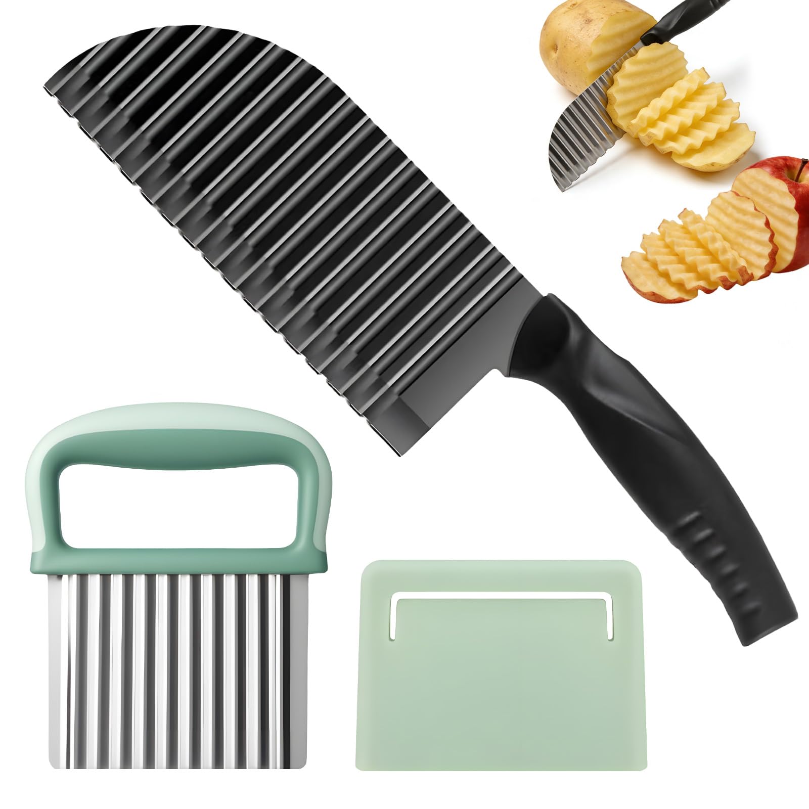 2 Pièces Couteau Ondulé et Crinkle Cutter en Acier Inoxydable, Coupe-Légumes Ondulé, Coupe Frites Trancheuse à Vagues avec Étui de Protection, pour Pommes de Terre, Carottes, Fruits et Salades