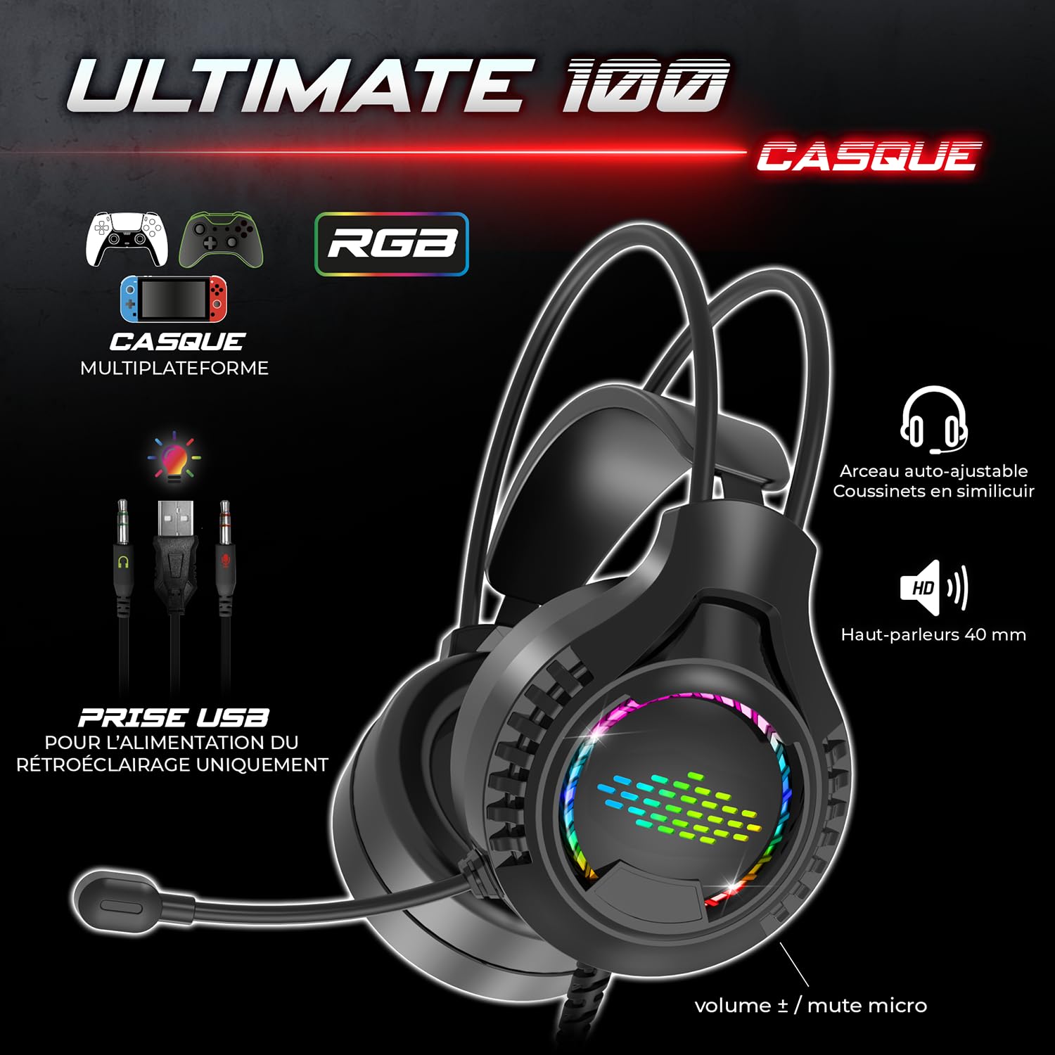 Spirit of Gamer - Ultimate 100, Pack Clavier Souris Gamer 4en1 Filaire RGB, Casque Gaming & Tapis en Tissu, Clavier Semi-Mécanique AZERTY FR, 6 Touches Anti-Ghosting, Souris Gamer 7 Boutons 8000 DPI
