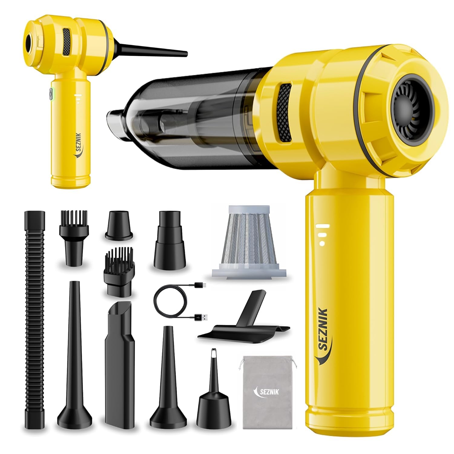SEZNIK Vacuum Cleaner for Home Use | Car Use | 4 in 1 Cordless Blower | Rechargeable 6000mAh | 3 Speed Suction Upto 18000PA | BLDC Motor | Clean Sofa, Curtains, More | Gift for Dad | 1 Yr Warranty