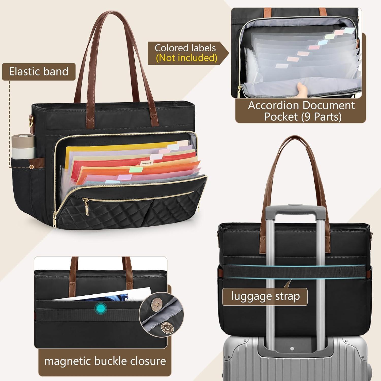 RAINSMORE Teacher Tote Bag 15.6 Inch Laptop Bag for Women Work Bag with Large Cup Holder Nurse Bag Computer Tote Handbag - Image 4