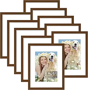 decorUhome 8.5 by 11 Picture Frame Set of 10, Display Photos 6x8 with Mat or 8.5x11 Unmatted for Picture Frames Collage Wall Decor, Brown