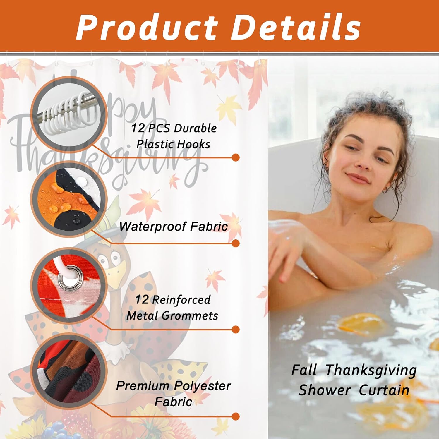 Fall Shower Curtain, Autumn Thanksgiving Shower Curtains Fall Leaves Turkey Shower Curtains for Bathroom 72"x72" with 12 Hooks