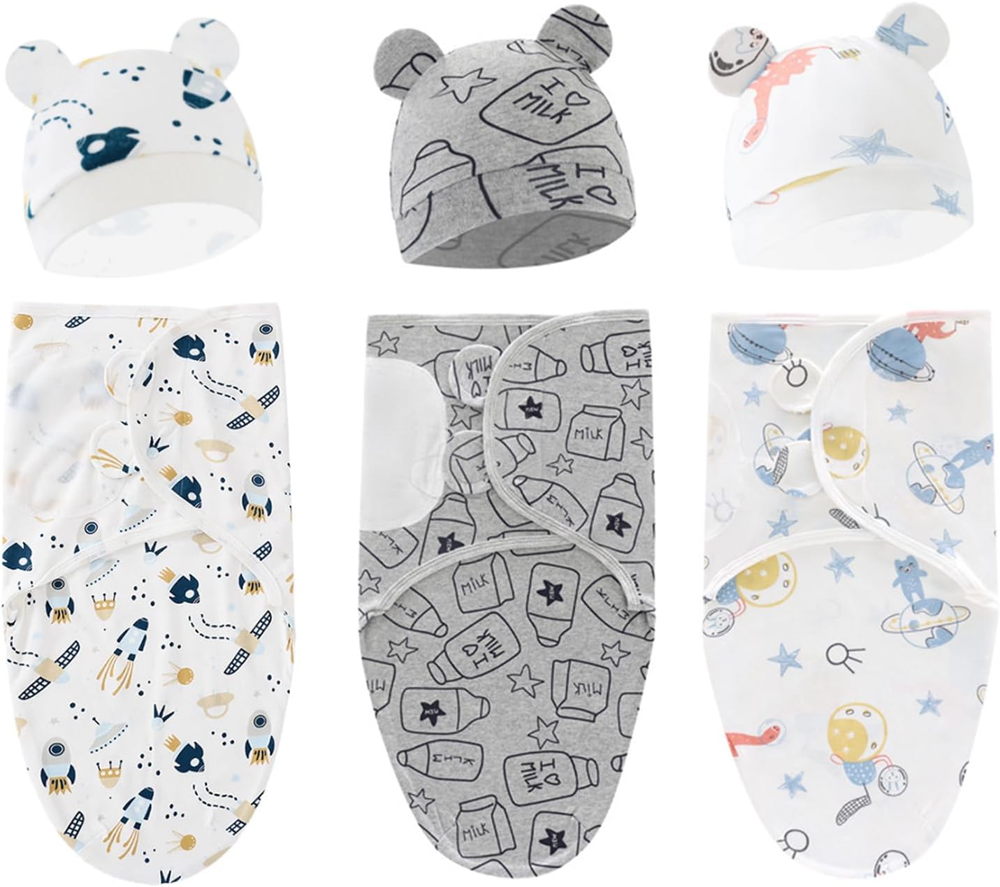 3PCS Baby Swaddle Blanket with Hat Breathable Cotton Swaddle Blanket 0-3 Months New Born Baby Adjustable Swaddle Blanket Wraps Easy Newborn Swaddle Sleep Sacks for Boy Girl Nursery
