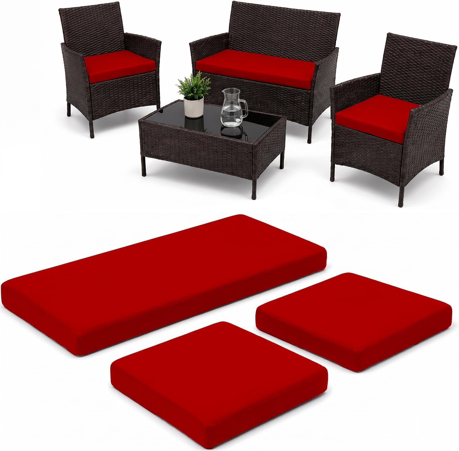 iSTYLE MODE BETTER HOME CHOICE 3 Pieces Replacement Cushions Set For Rattan Chairs Sofa Patio Garden Outdoor Furniture Water Resistant Patio Padding Lightweight and Durable (Red)