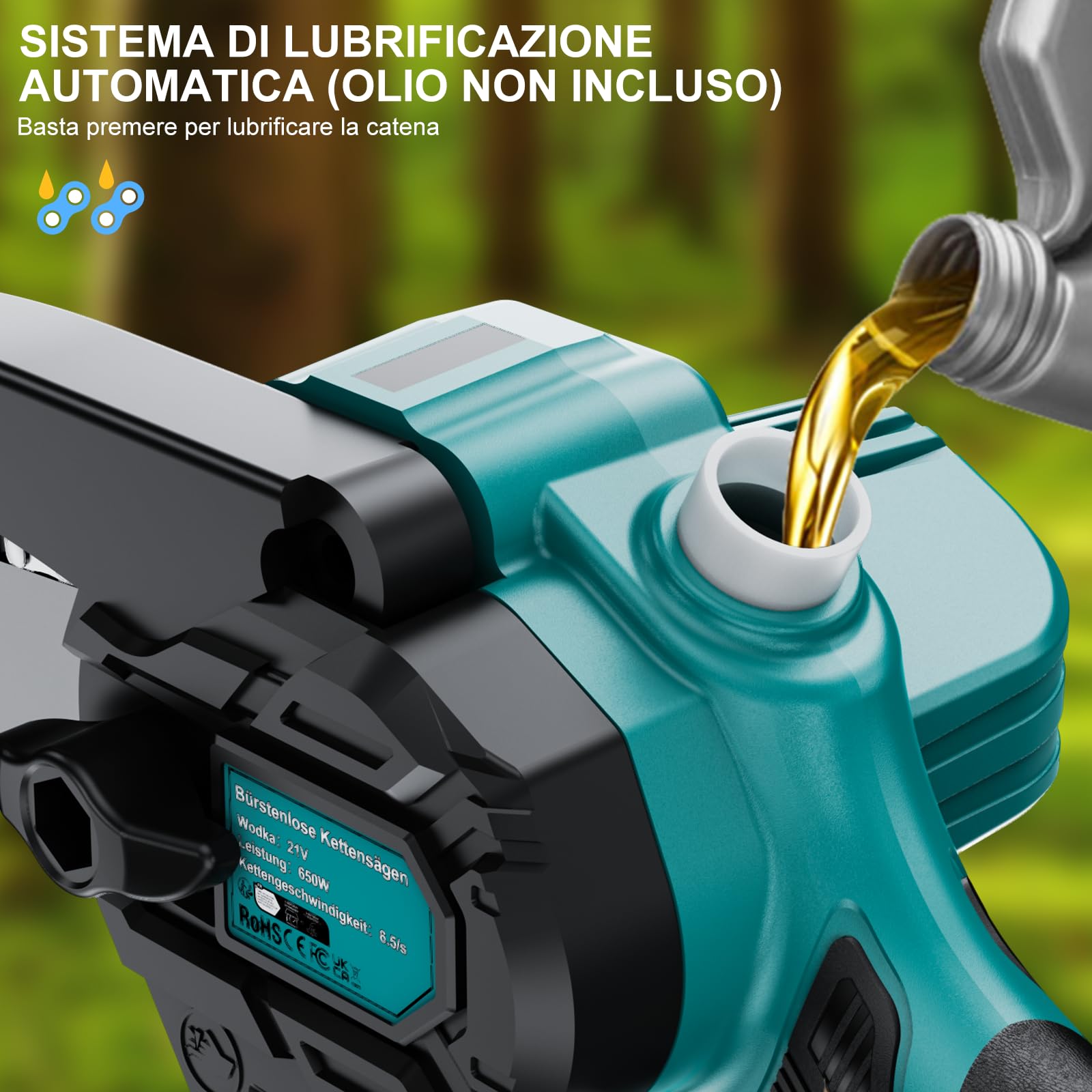 Mini Motosega a Batteria Con 2×2,0Ah Batterie 6 Pollici Motosega Elettrica | 550W, Pompetta Olio e Blocco di Sicurezza, 2 catene, Indicatore di carica, Caricatore Rapido, Istruzioni multilingue