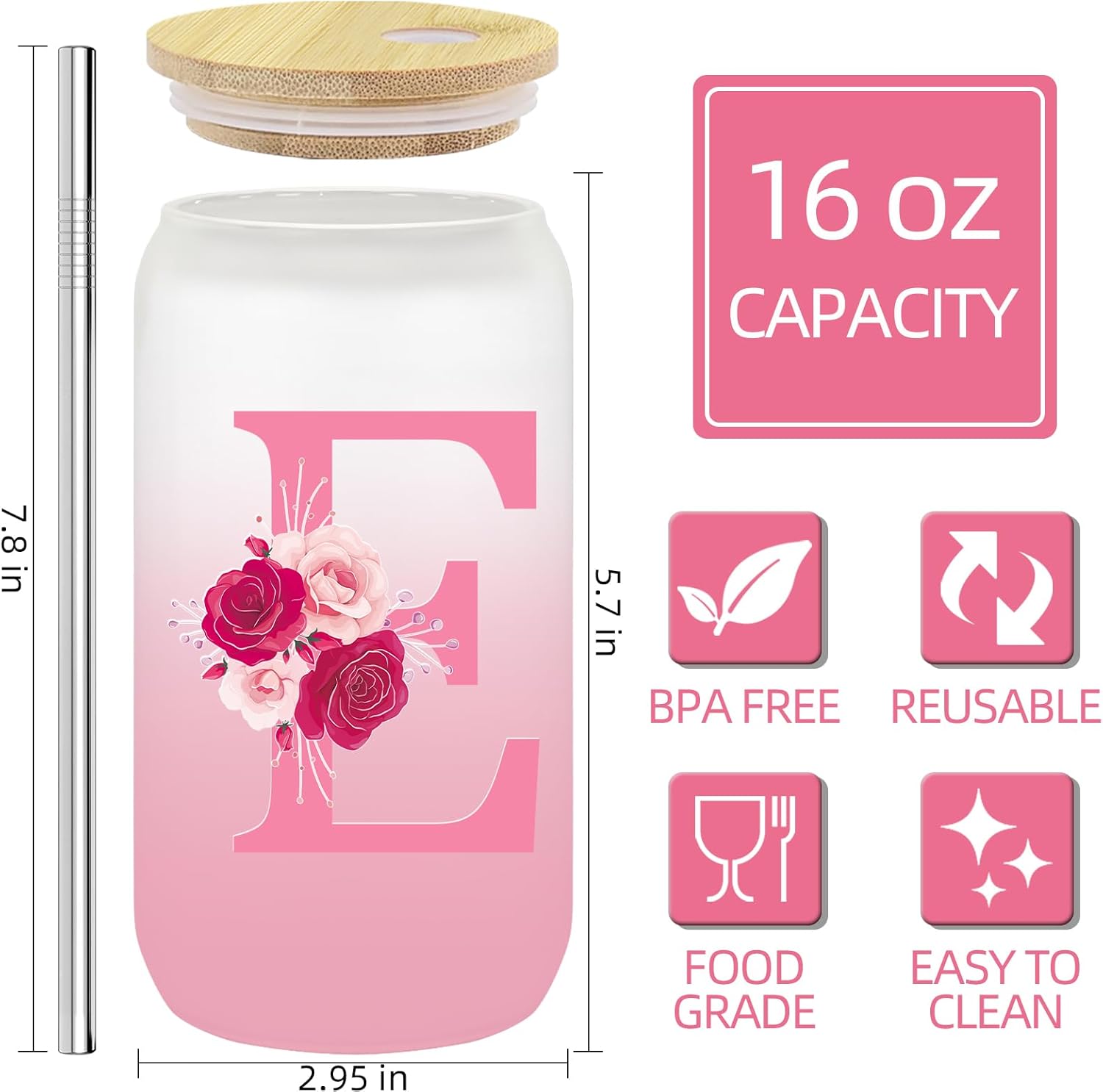 Personalized Gifts for Women,Initial Glass Cup with Lid and Straw,Ice Coffee Mug,Smoothie Beer Tumbler,16oz Glass Cup with Lid and Straw,Birthday Gifts for Mom Colleague-E - Image 2