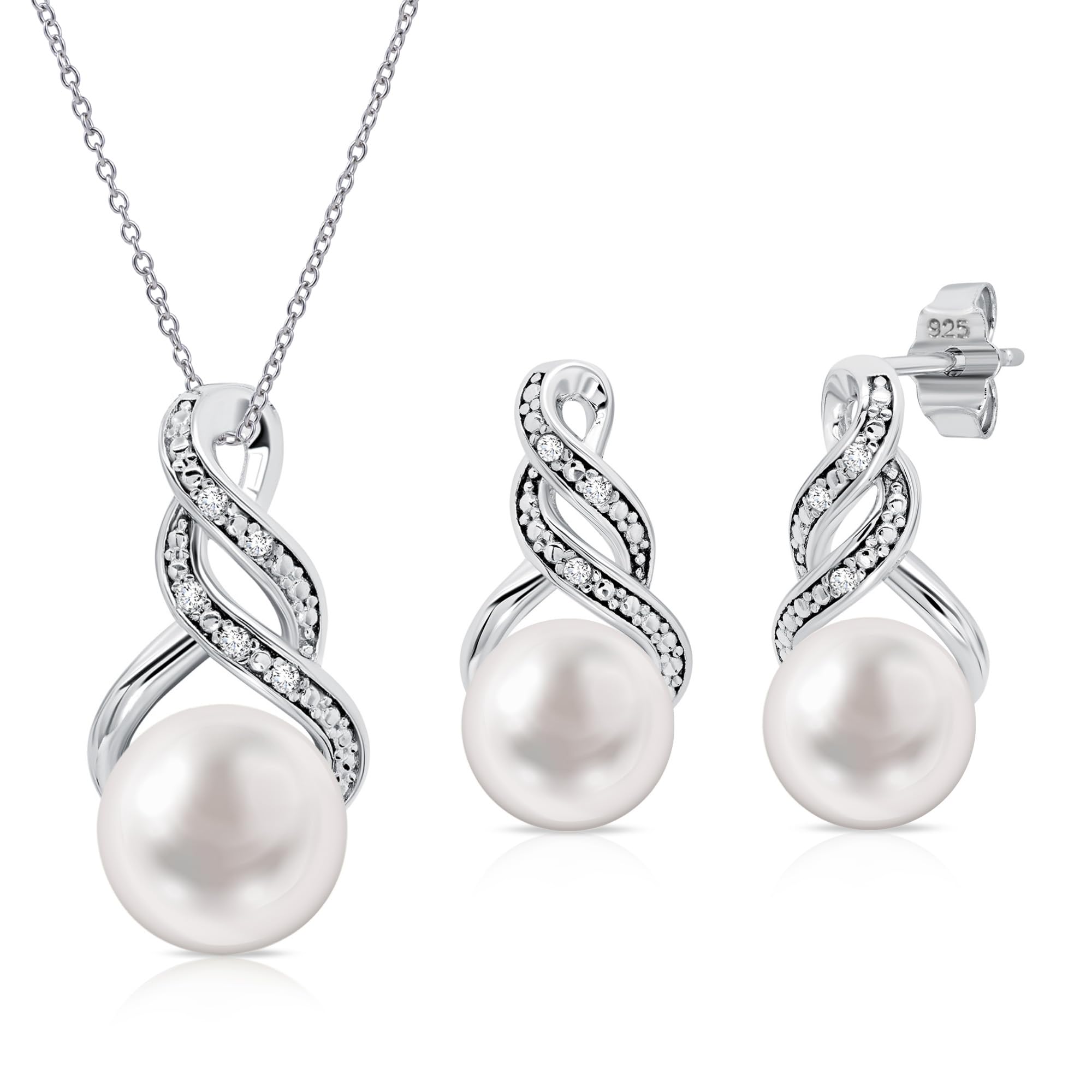 Real Diamond Sterling Silver Pearl Necklace and Earring Set | Hypoallergenic Real Cultured Freshwater Pearl Jewelry Set with 18 Inch Silver Chain | Diamond Bridal Bridesmaid Set for Women with Gift Box by MAX + STONE