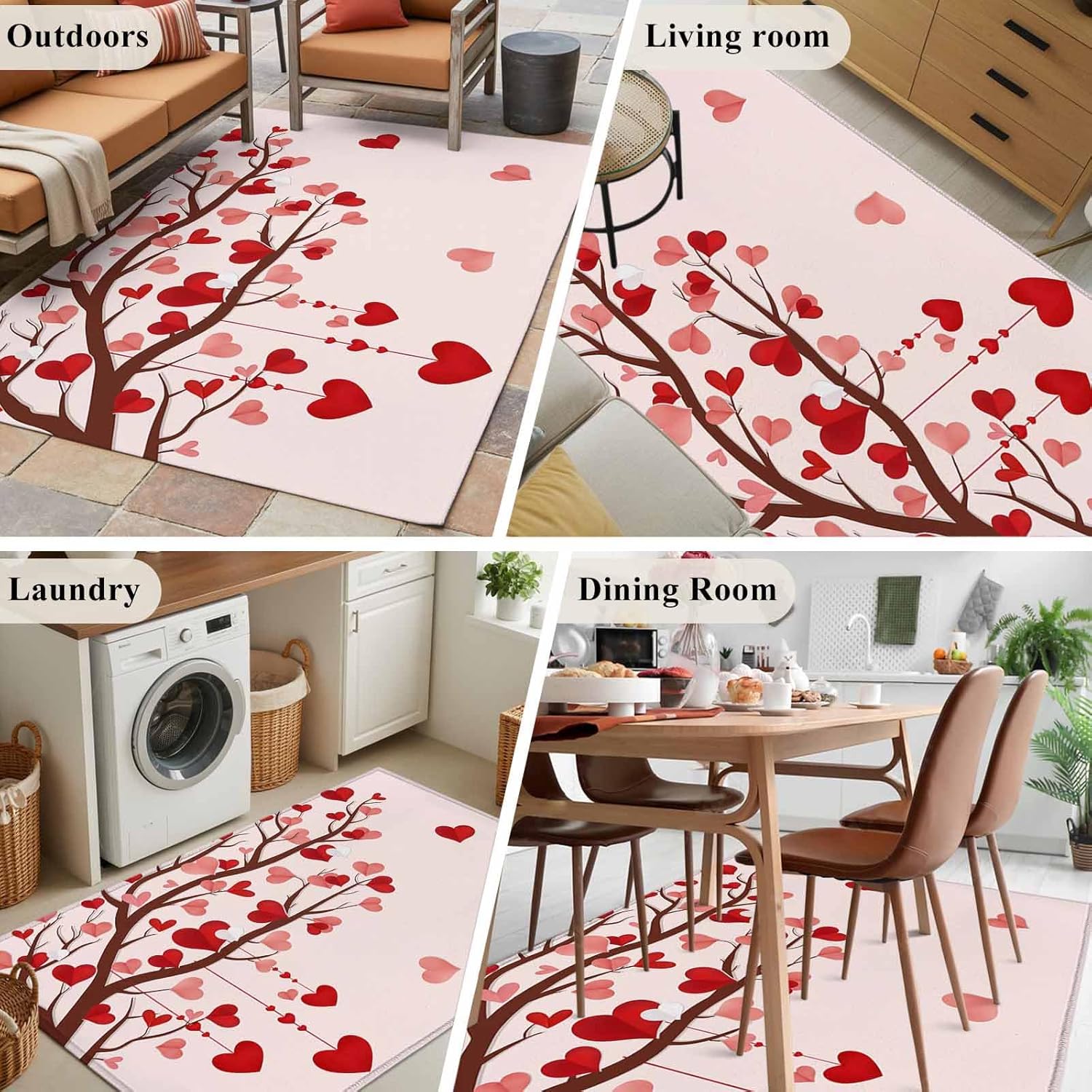 Valentine's Day 3x5 Area Rug for Kitchen Entryway Red Love Tree Heart Petal Pink Ombre Romantic Washable Entryway Rug Absorbent Non-Slip Indoor Carpet for Entrance Dining Room Home Office Decor
