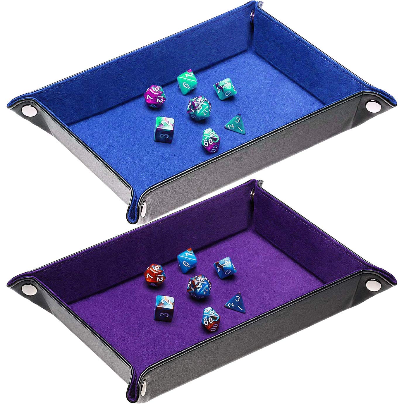 2 Pieces Dice Holder Dice Rolling Tray Double Sided PU Leather and Velvet Folding Tray Dice Pad for Dice Gamingand Other Table Games (Blue & Purple)