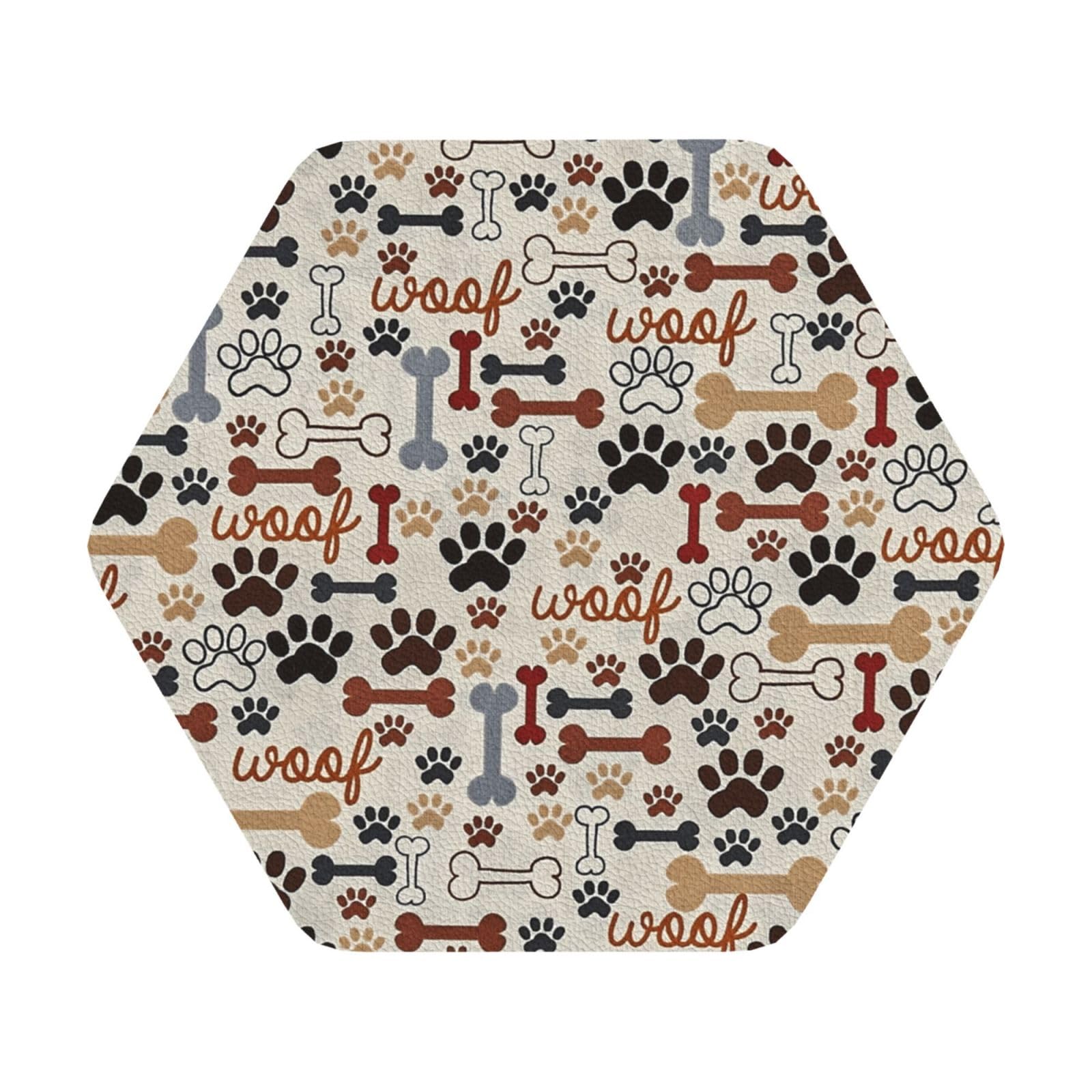 Bone and paw print PU Leather Coasters Set of 6 Hexagon Drink Coasters