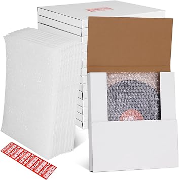 Vinyl Record Mailers 15 Sets 12.6 x 12.6 x 1 Inches White Shipping Mailer Box Easy Fold Album Cardboard Box with Fragile Stickers and Bubble Bag for Packaging, Shipping, Moving Storage