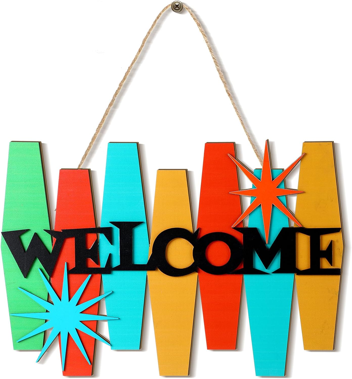 Qunclay Mid Century Modern Decor Welcome Sign for Front Door Farmhouse Front Porch Decor with Stars Rustic Wooden Wall Sign Decorations for Easter Porch Doors Outdoors