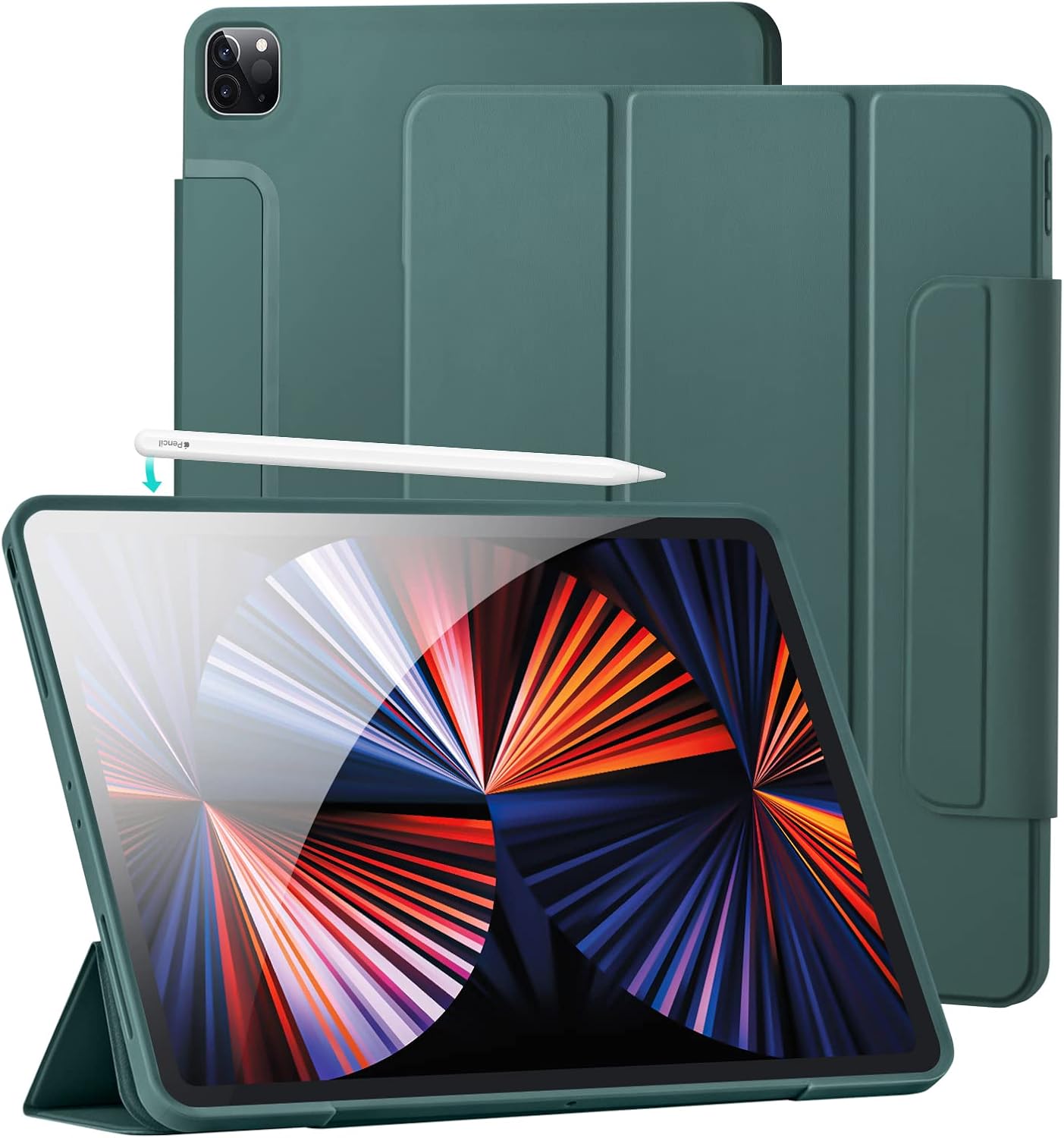 GHINL New iPad Pro 12.9 Case 6th/5th/4th Generation with Magnetic Clasp, Support 2nd Pencil, Trifold Cover with Soft TPU Back for iPad 12.9 Pro Case 2022/2021/2020, Auto Wake/Sleep (Midnight Green)
