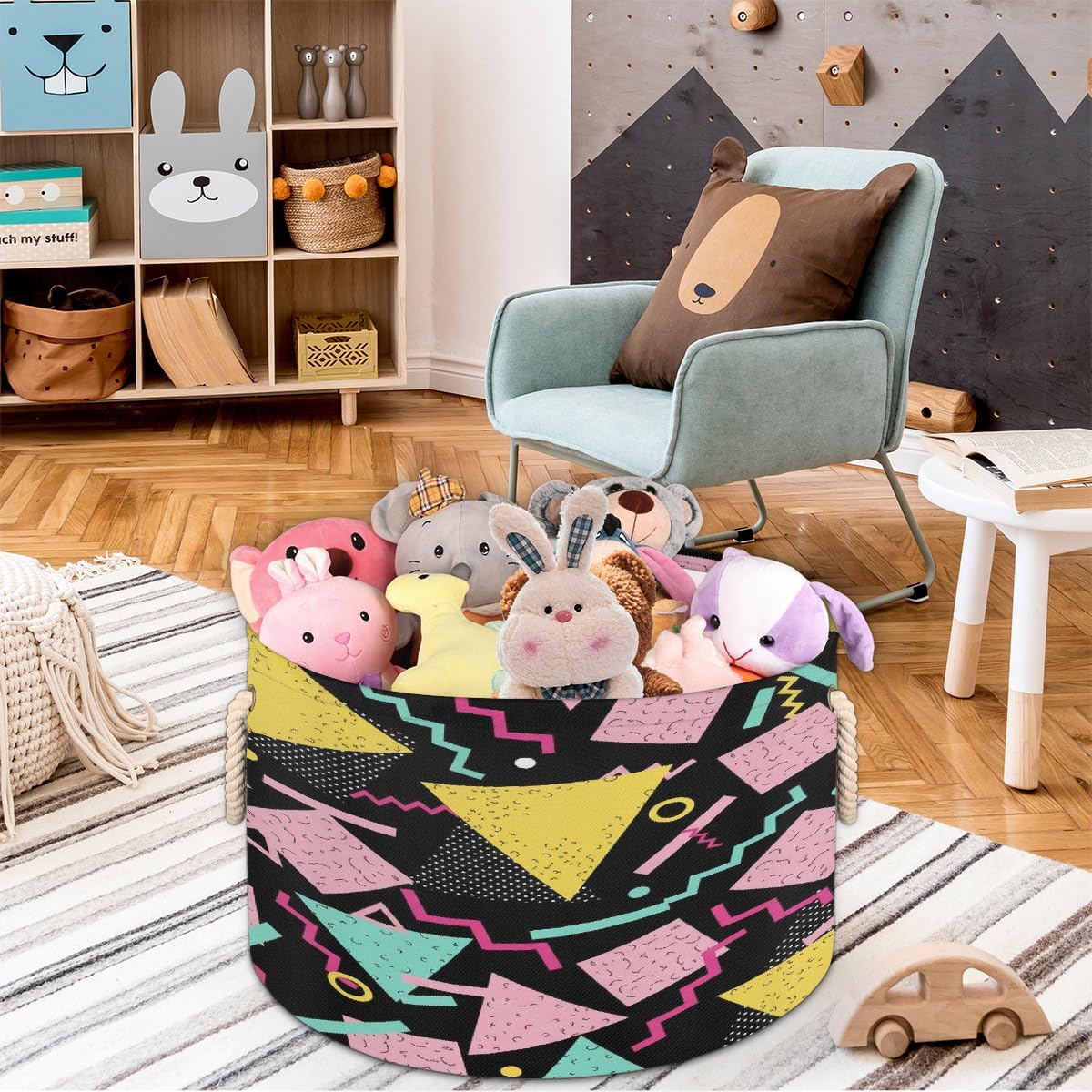 Large Storage Baskets - Retro Geometric 80s Nursery Round Collapsible Organizer Bin Box - Laundry Hamper for Kids Toys, Blanket, Bedroom Living Room Home Decor, Gift Basket, 19.4"x13.3"