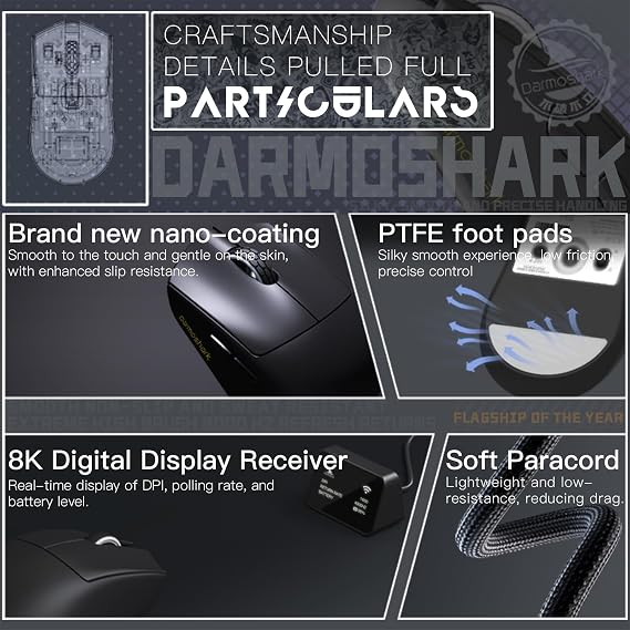 Darmoshark M9 Wireless Gaming Mouse Large Hand Grasp,Tri-Mode 30K DPI PAW3950 Optical Sensor Lightweight 59g,8K Polling,Programmable Buttons,Computer Mouse for Laptop,PC,Windows,Mac(Black)