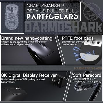 Darmoshark M9 Wireless Gaming Mouse Large Hand Grasp,Tri-Mode 30K DPI PAW3950 Optical Sensor Lightweight 59g,8K Polling,Programmable Buttons,Computer Mouse for Laptop,PC,Windows,Mac(Black)