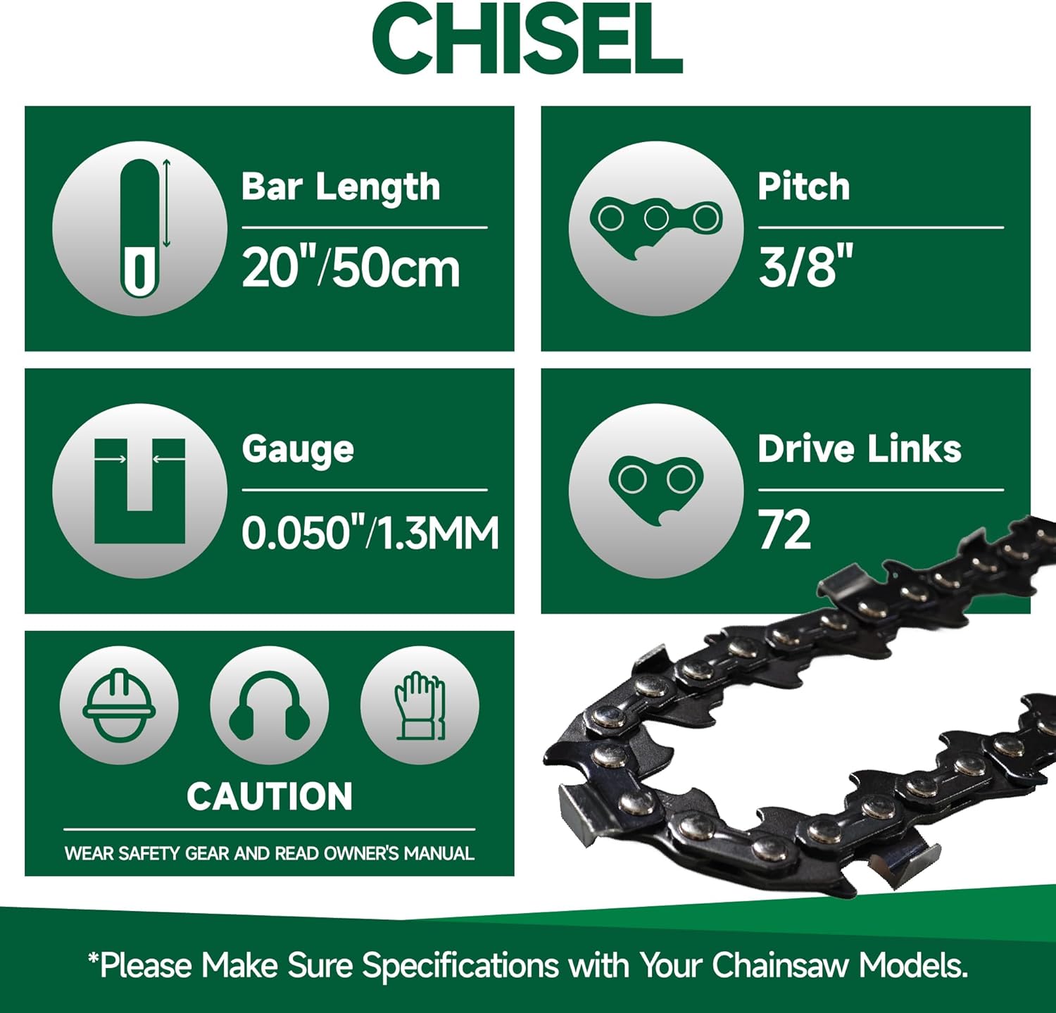 4 Pack 20 Inch Chainsaw Chain 3/8" Pitch .050" Gauge 72 Drive Links 20 Inch Replacement Low Kickback Saw Chains Compatible with Husqvarna 455 Rancher Poulan Stihl Makita and More E72 33RS72