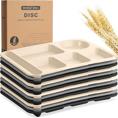 Pinkunn 12 Pcs 14'' Large Divided Plates Unbreakable Wheat Straw Lunch Trays 6 Compartments Cafeteria Trays Microwave Dishwasher Safe Food Separator