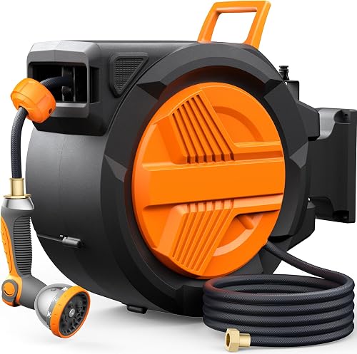 Retractable Garden Hose Reel 1/2” x 100ft, Auto Rewind Hose Reels for Outside, Heavy-Duty Wall-Mounted Outdoor Hose, 10-Mode Nozzle, Adjustable Length, 180° Rotation for Watering, Car Washing - 50% off