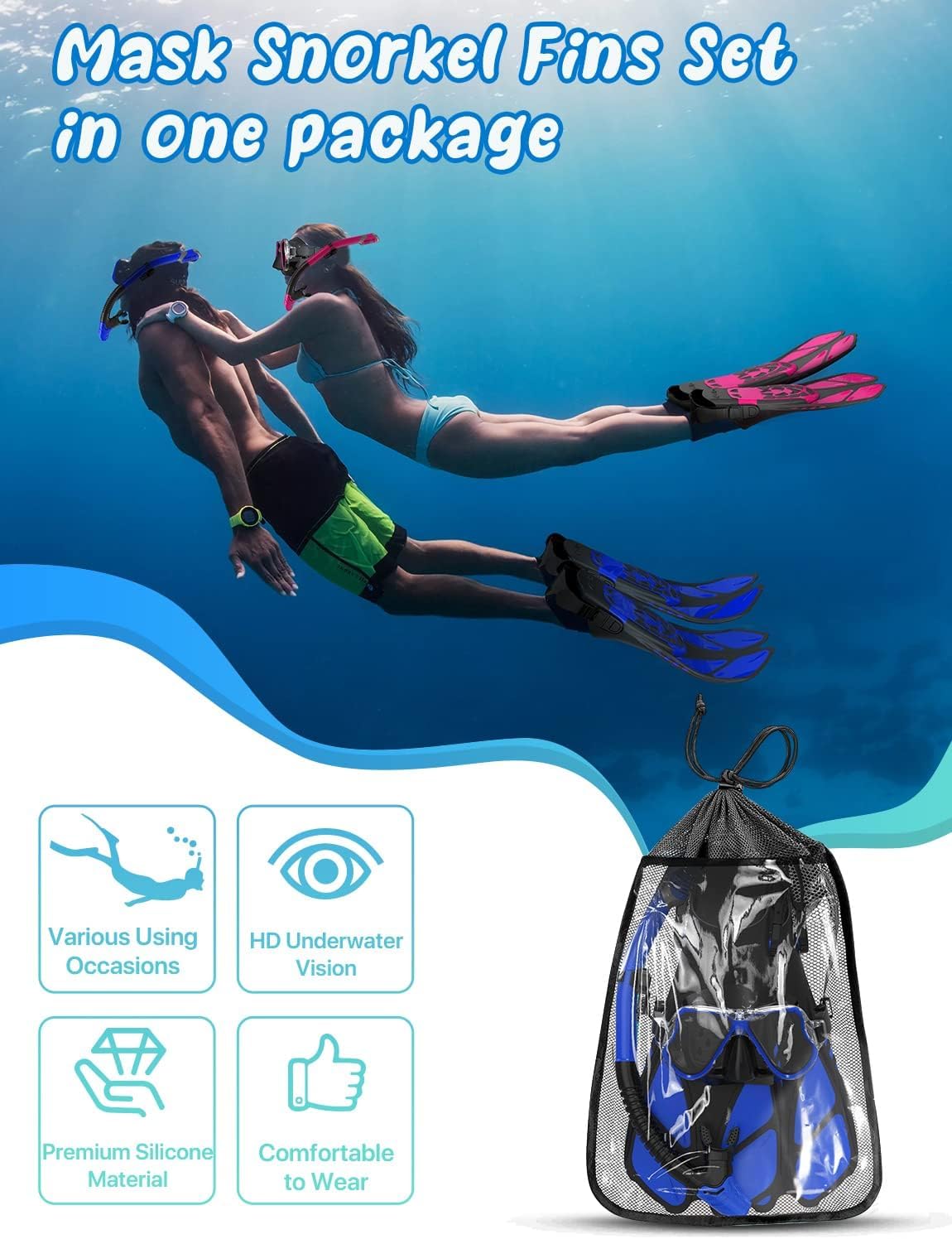 VBM Mask Fin Snorkel Set, Snorkeling Gear for Adults with Panoramic View Mask, Dry Top Snorkel, Adjustable Swim Fins and Travel Bag, Man Woman Snorkel Gear for Swimming Snorkeling Diving (Blue) 3