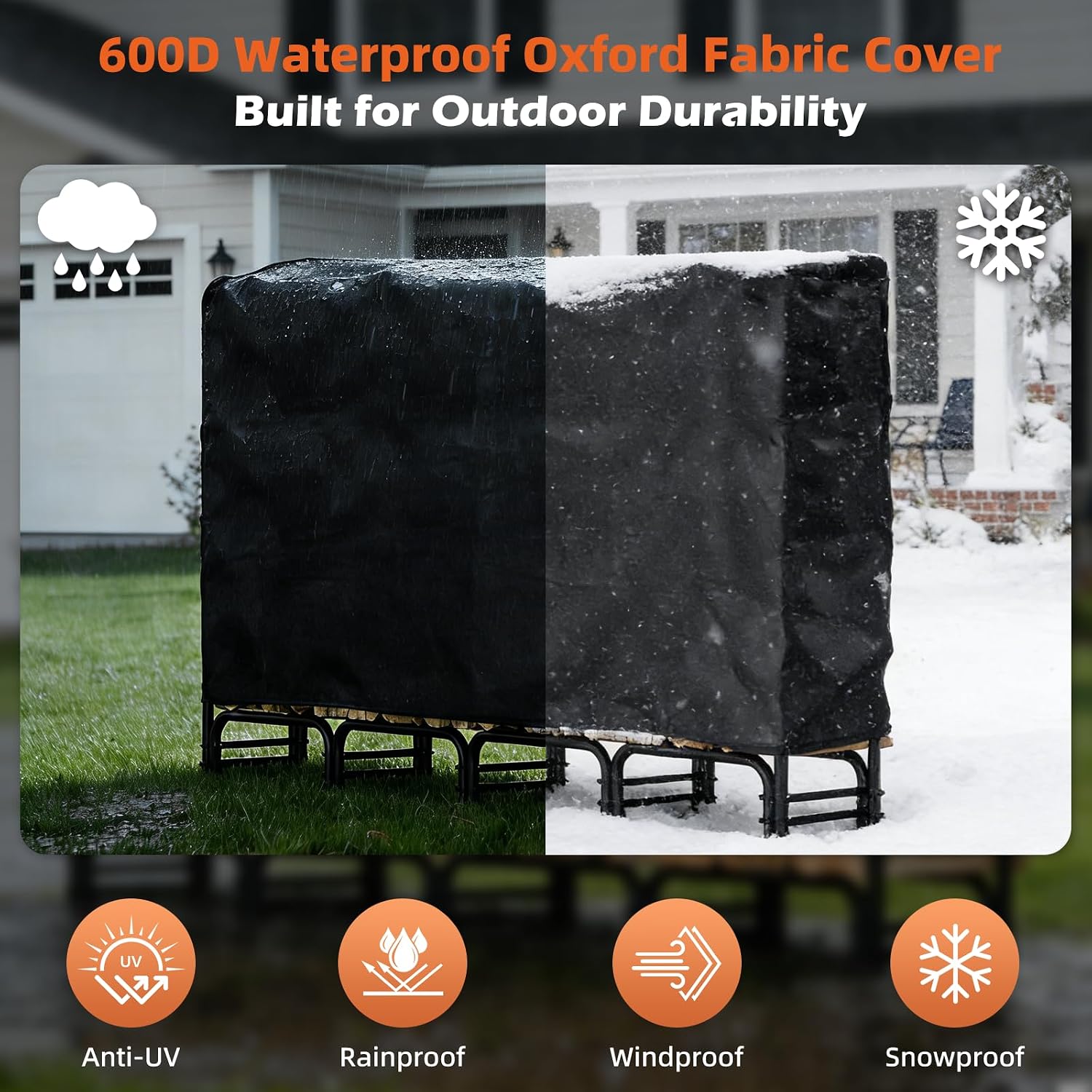 8FT Firewood Rack with Cover Outdoor, Heavy Duty Wood Storage Rack with 600D Oxford Waterproof Full Cover for Fireplace, Patio, Deck, 1/2 Cord Log Holder with Firewood Carry Bag