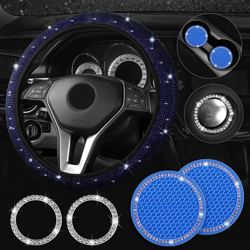 Blue Bling Accessories for Car, Bling Steering Wheel Cover for Women Girls Universal Fit 14.2-15.3 Inch, Bling Car Accessories with 2 Pack Car Coasters for Cup Holders and Push to Start Accessories