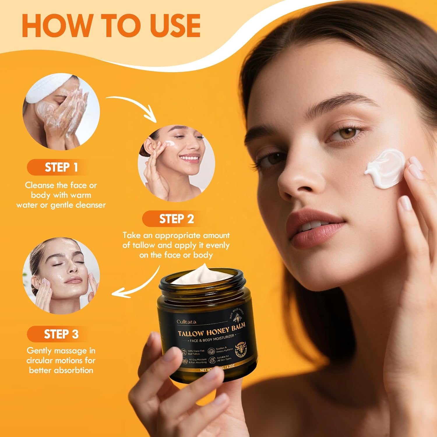 Beef Tallow for Skin, Beef Tallow for Face, All Natural Hydrating Tallow Honey Balm, Grass-Fed Beef Tallow Balm with Raw Wild Honey and Organic Beeswax, Face & Body Moisturizer - 4.2OZ - Image 7