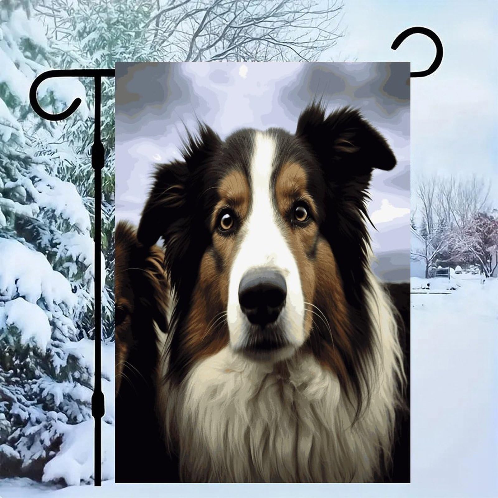 Bandera de patio primaveral con diseño de perro ovejero ideal para caminos de entrada