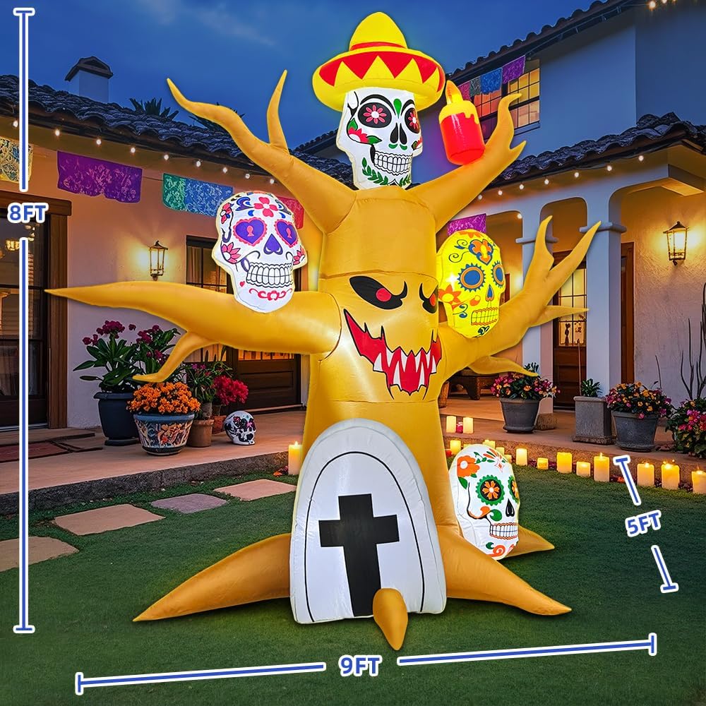 8FT Halloween Inflatable Decorations, Blow up Tree Decorations Day of The Dead Catrina Skulls Dia de Los Muertos, Built-in LEDs for Halloween Party, Garden, Lawn, Yard, Patio Décor