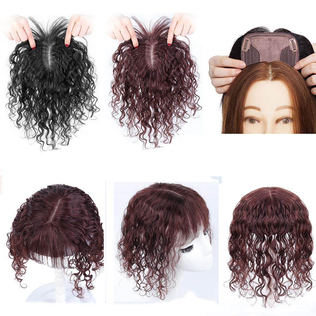 Lockiger Echthaar-Topper 11,9 x 14 cm U-förmiger Silikonboden, Haaraufsatz für Frauen mit dünnem Haar, gewellte Clip-in-Haarverlängerung, Top-Haarteil, Damen-Toupet, 35,6 cm, Rotbraun