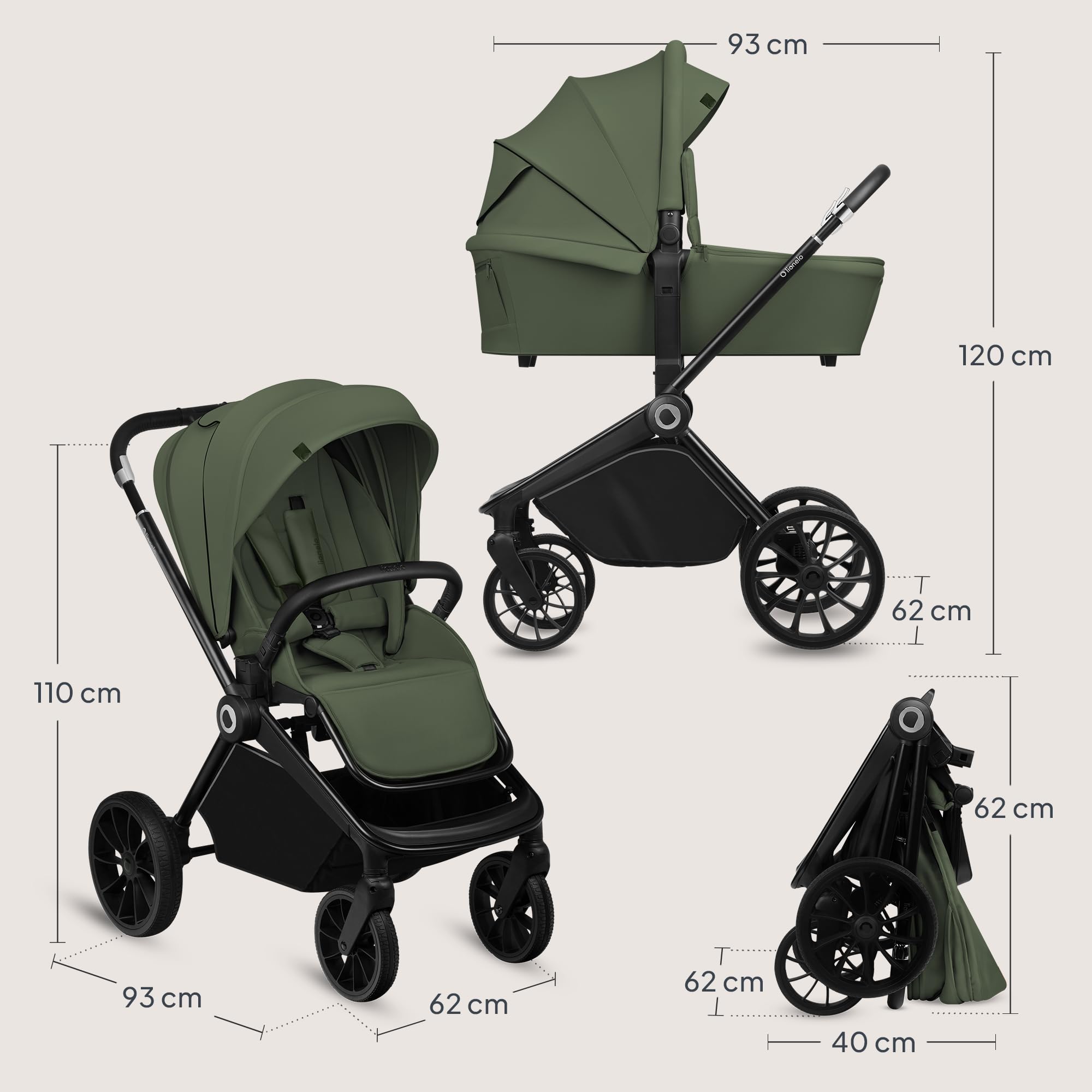 LIONELO MIKA PLUS 2 en 1 Poussette 0 à 48 mois jusqu'à 22 kg Nacelle jusqu'à 9 kg, Réglage du Dossier et du Repose-pied, Coussin, Roues Pivotantes 360° en PU Auvent XXL (Green)