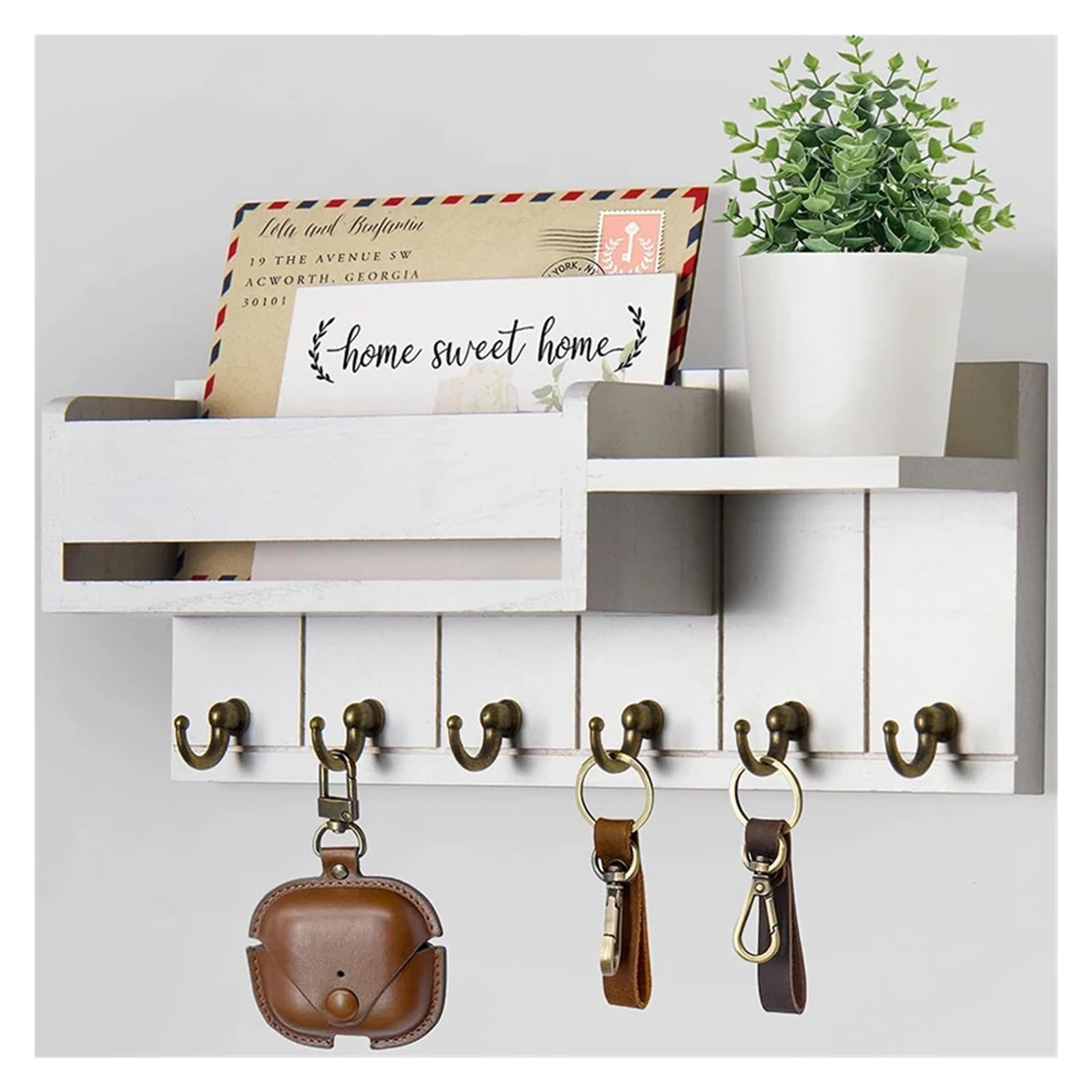 Kifsdlf White Wood Key Rack Mail Organizer 6 Hooks Storage