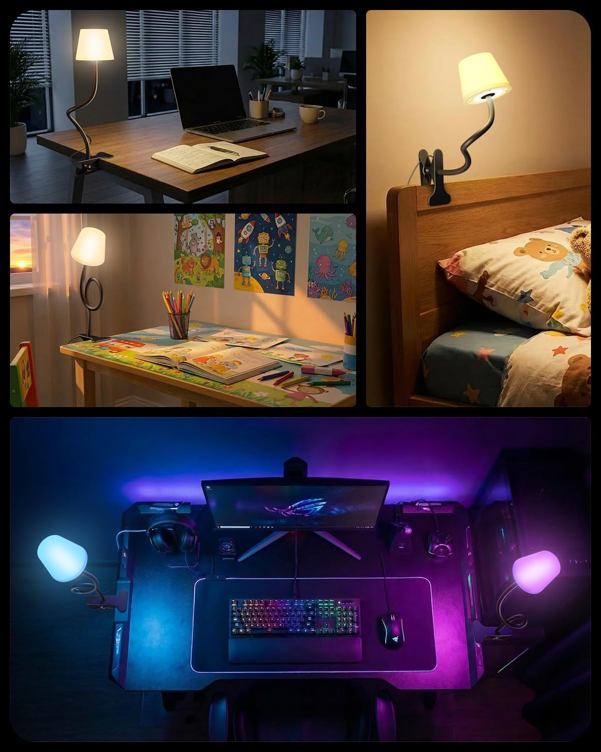 Clip on Light, Reading Light for Bed, RGB Lamp, Dimmable Desk Lamp with Clamp, College Dorm Room Essentials, Cute Bedside Night Light for Kids Headboard, Adapter Included Black