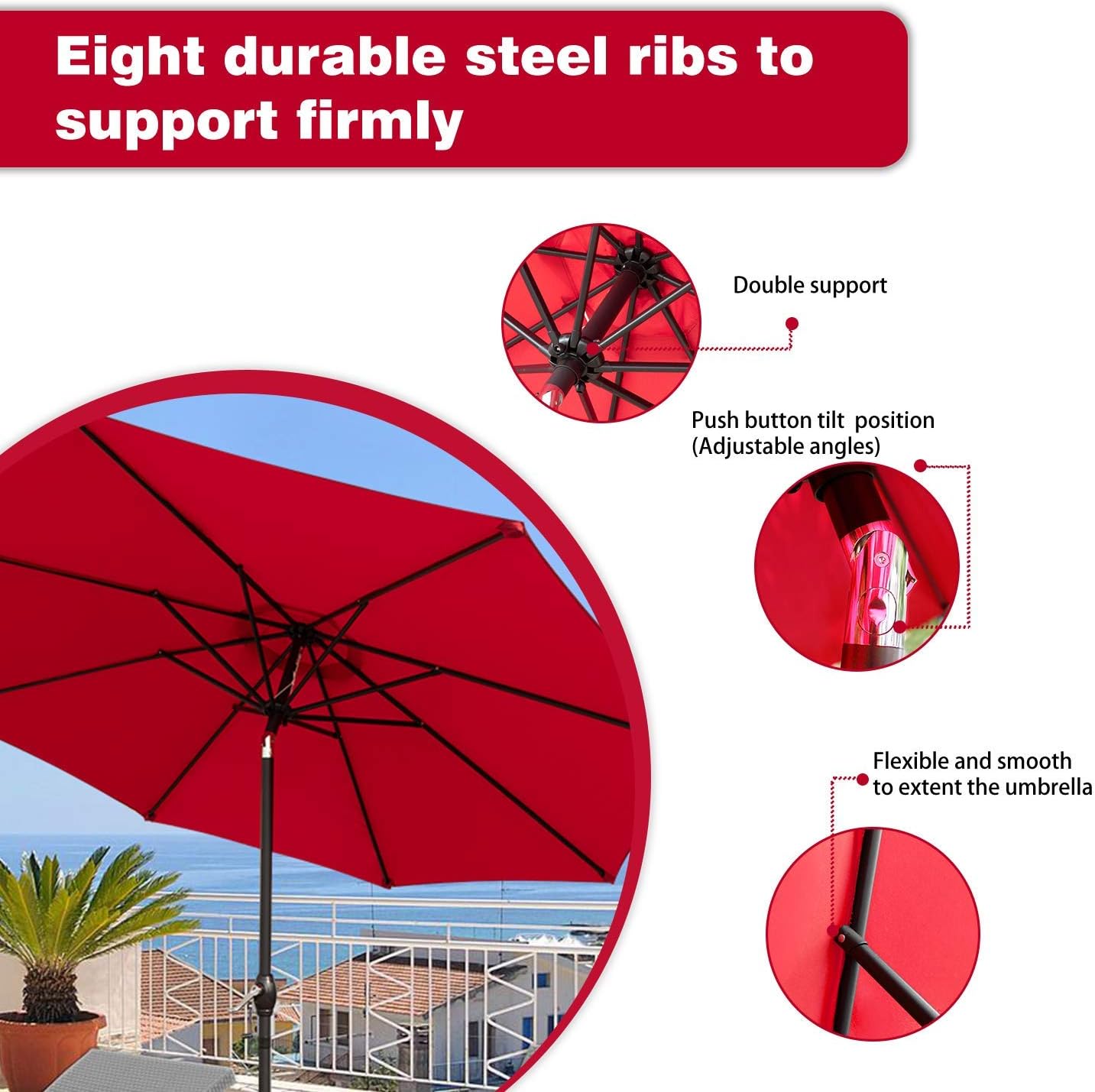 Greesum 9FT Patio Umbrella Outdoor Market Table Umbrella with Push Button Tilt, Crank and 8 Sturdy Ribs for Garden, Lawn,Backyard & Pool,Red