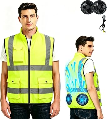 12V cooling vest for Men Women-Hi Vis Reflective Work Vest ac jacket with 2 fan,USB power supply S-2XL