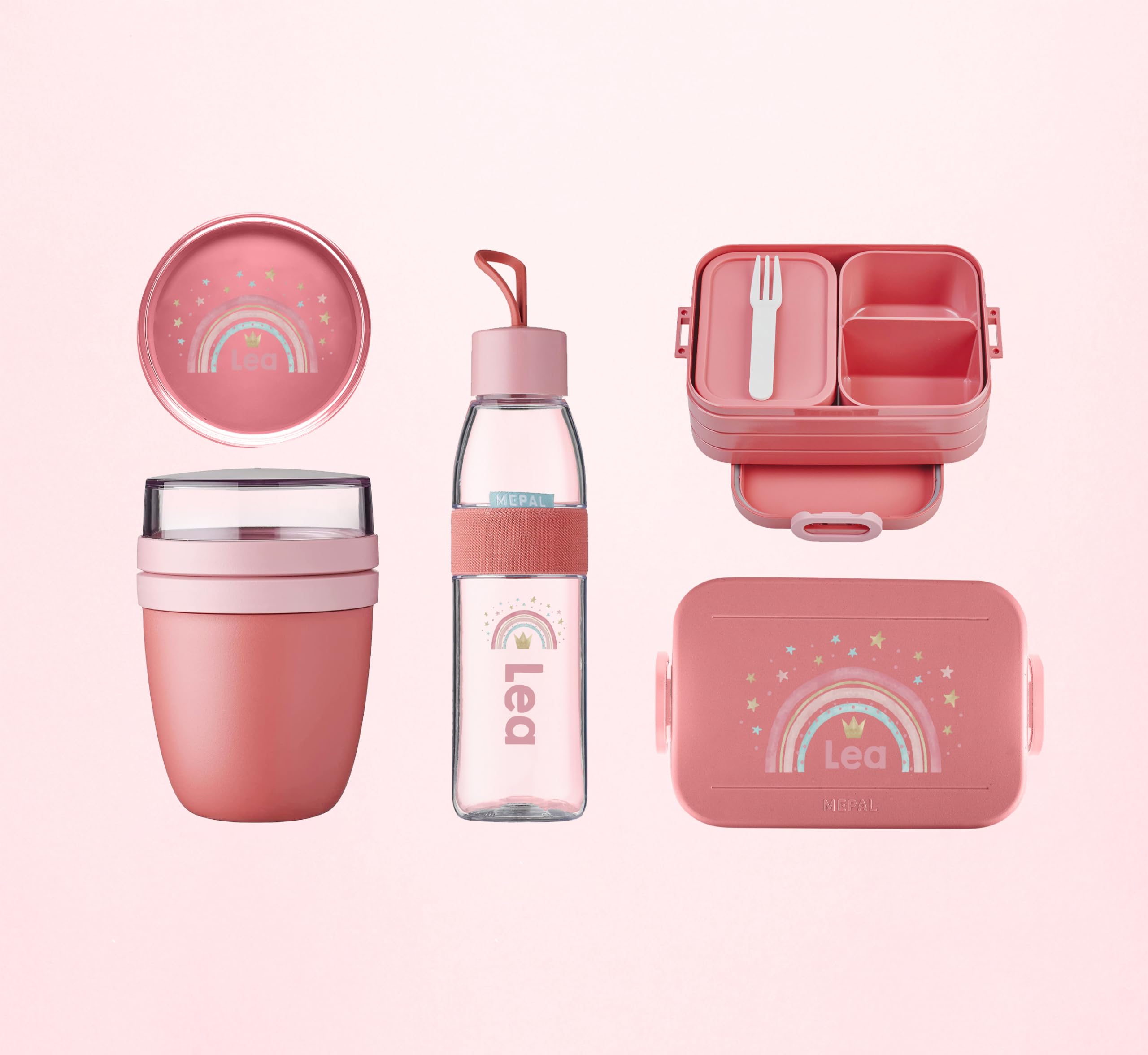 Schul und Kita Set Lunchbox mit Bento und Wasserflasche und Lunchpot mini, Regenbogen pastell Personalisiertes Einschulungs-Set