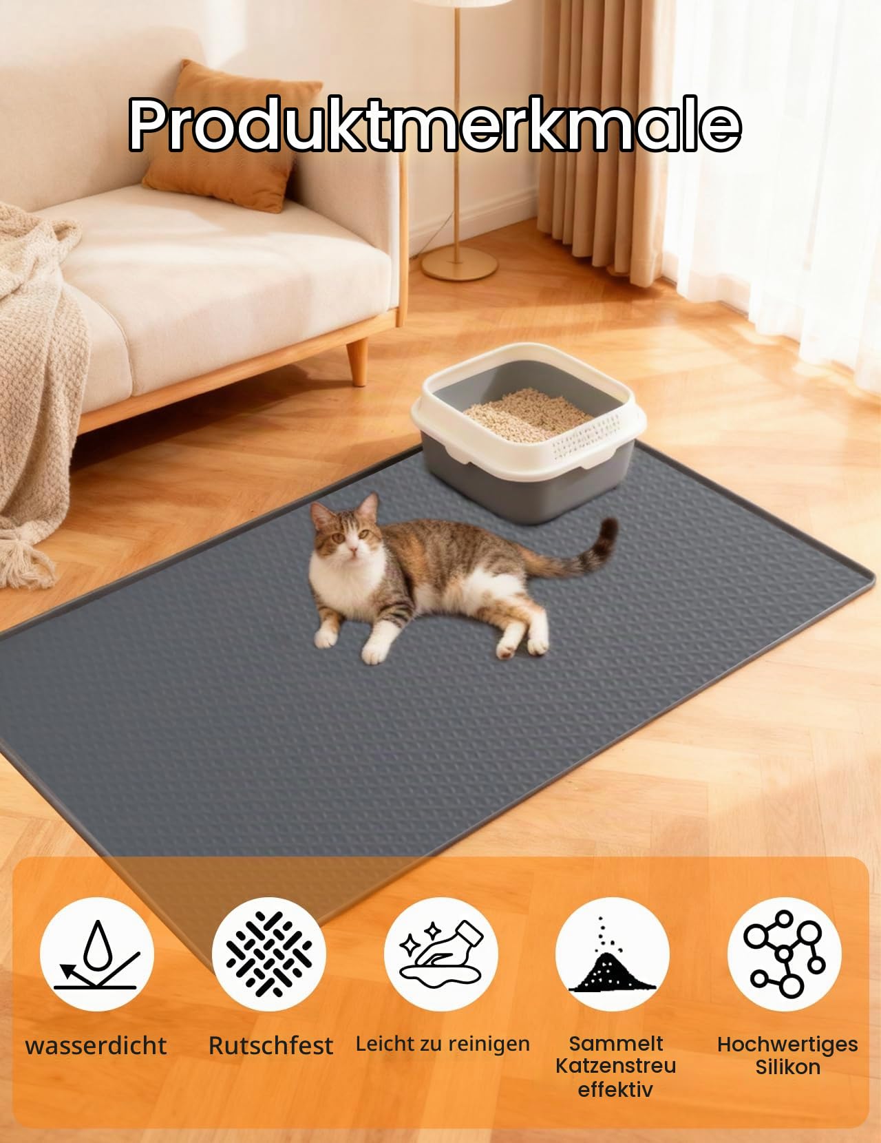 Katzenklo Matte Übergröße 130x65cm, XXL Katzenstreu Matte Silikon, Katzenklo Unterlage wasserdichte zum Auffangen Von Katzenstreu, Leicht zu Reinigen, für Mehrkatzenhaushalte Grau